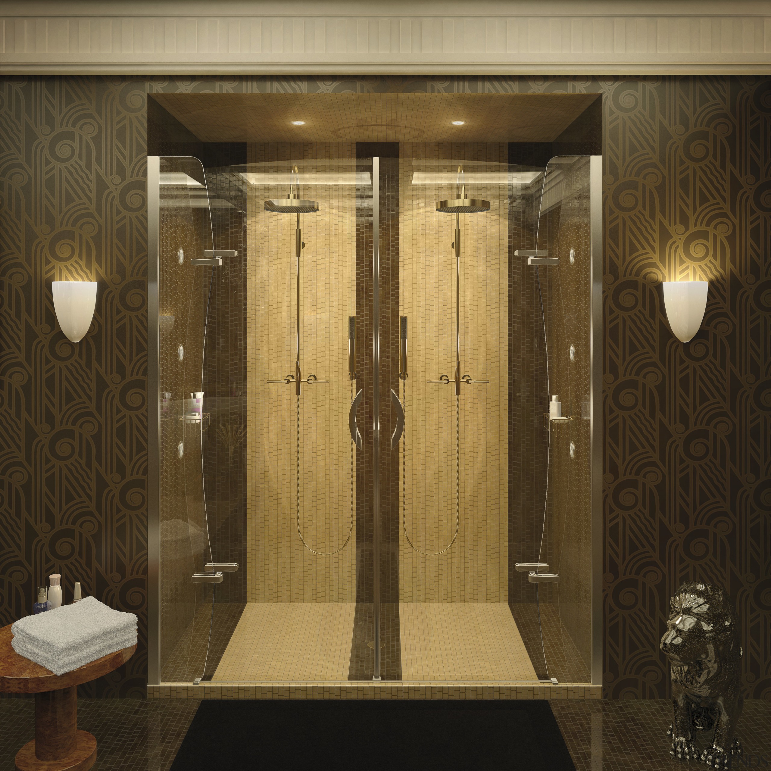 View of a high-end bathroom which features a door, flooring, interior design, plumbing fixture, shower, brown