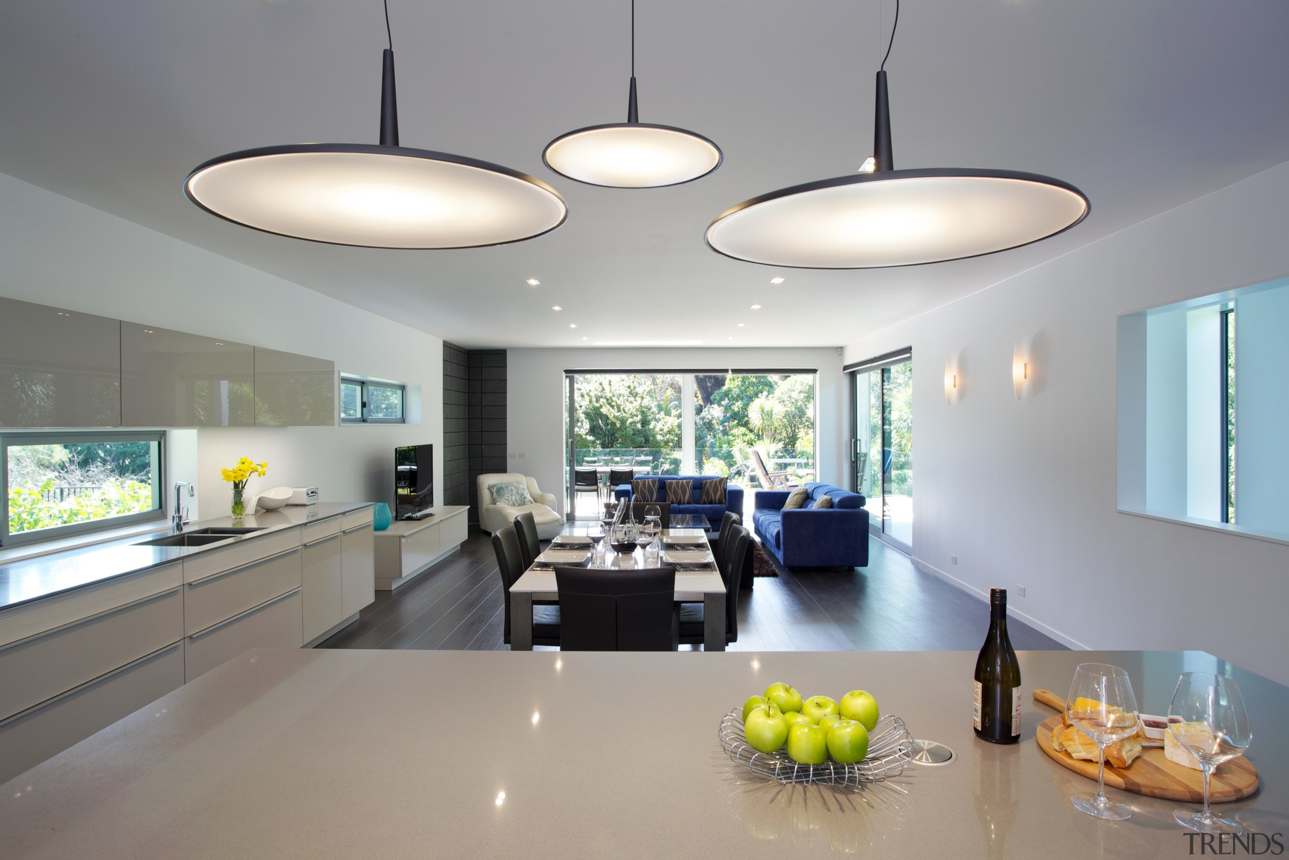 White Poggenpohl kitchen with Silestone island benchtop and ceiling, interior design, gray