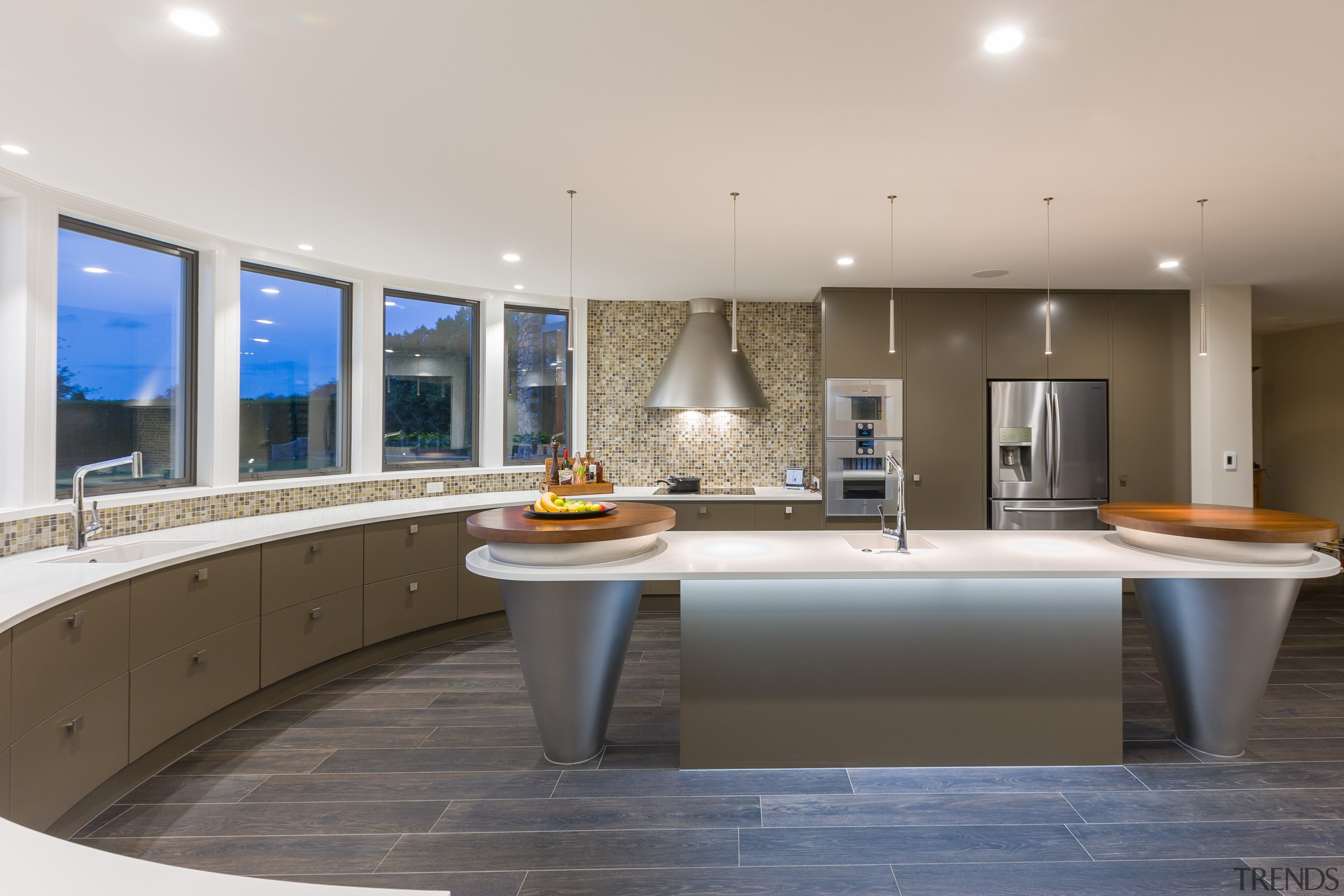 This islands conical elements echo the form of countertop, estate, interior design, kitchen, real estate, gray