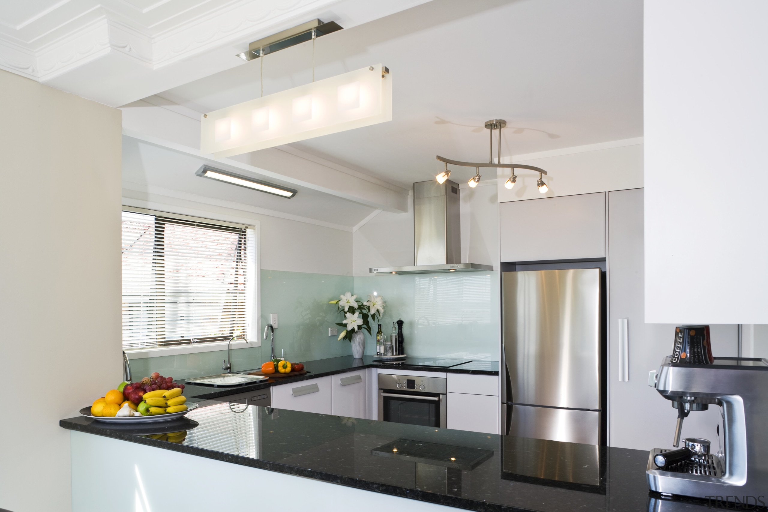 View of a kitchen designed by Denele Design ceiling, countertop, interior design, kitchen, real estate, gray, white