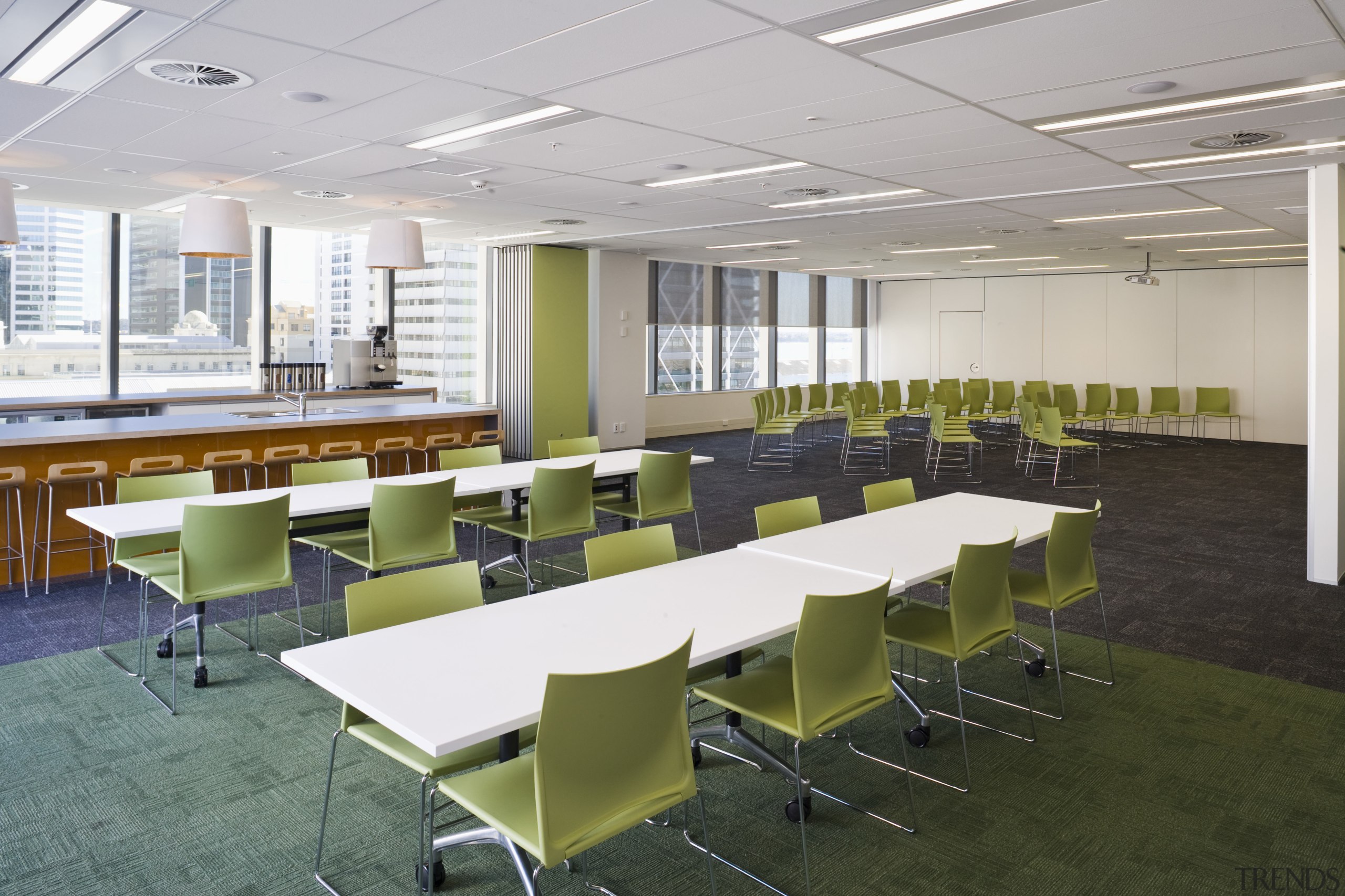 Interior view of office space inside the Westpac architecture, cafeteria, classroom, conference hall, furniture, institution, interior design, office, table, gray