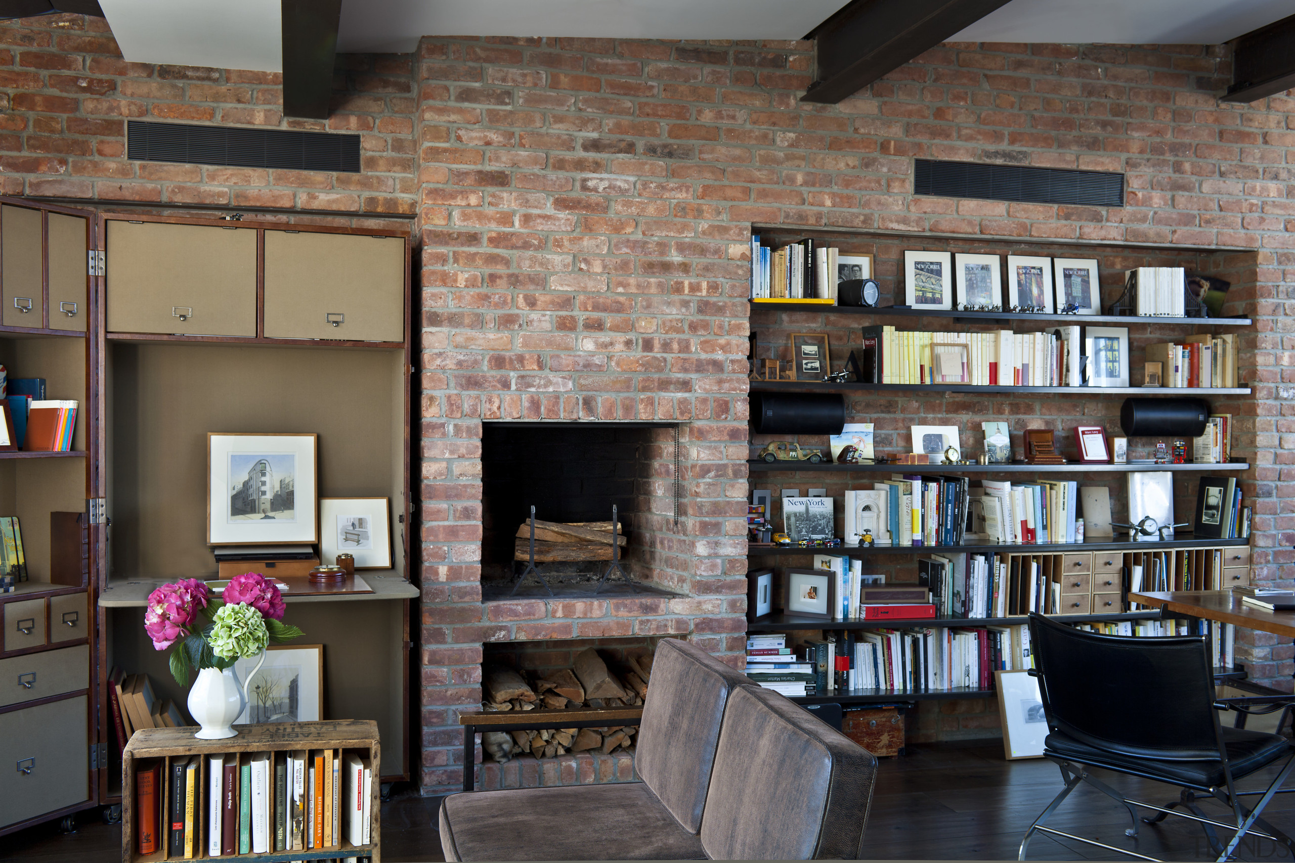 Penthouse study in Manhattan townhouse remodel - Penthouse bookcase, bookselling, furniture, home, interior design, library, living room, public library, shelving, black, gray