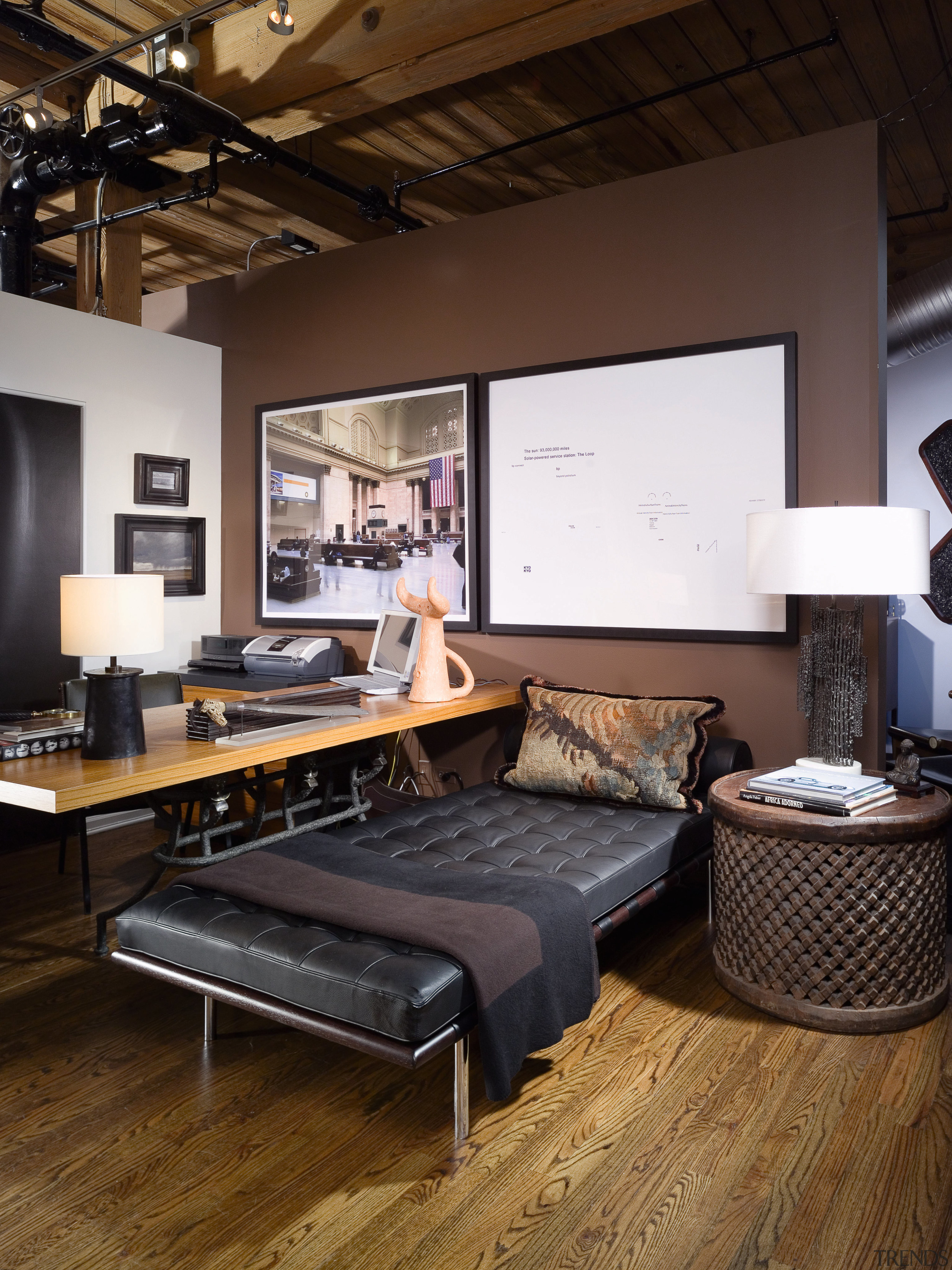 A view of the study, wooden flooring, lights, ceiling, floor, flooring, furniture, interior design, living room, room, table, wood, black, brown