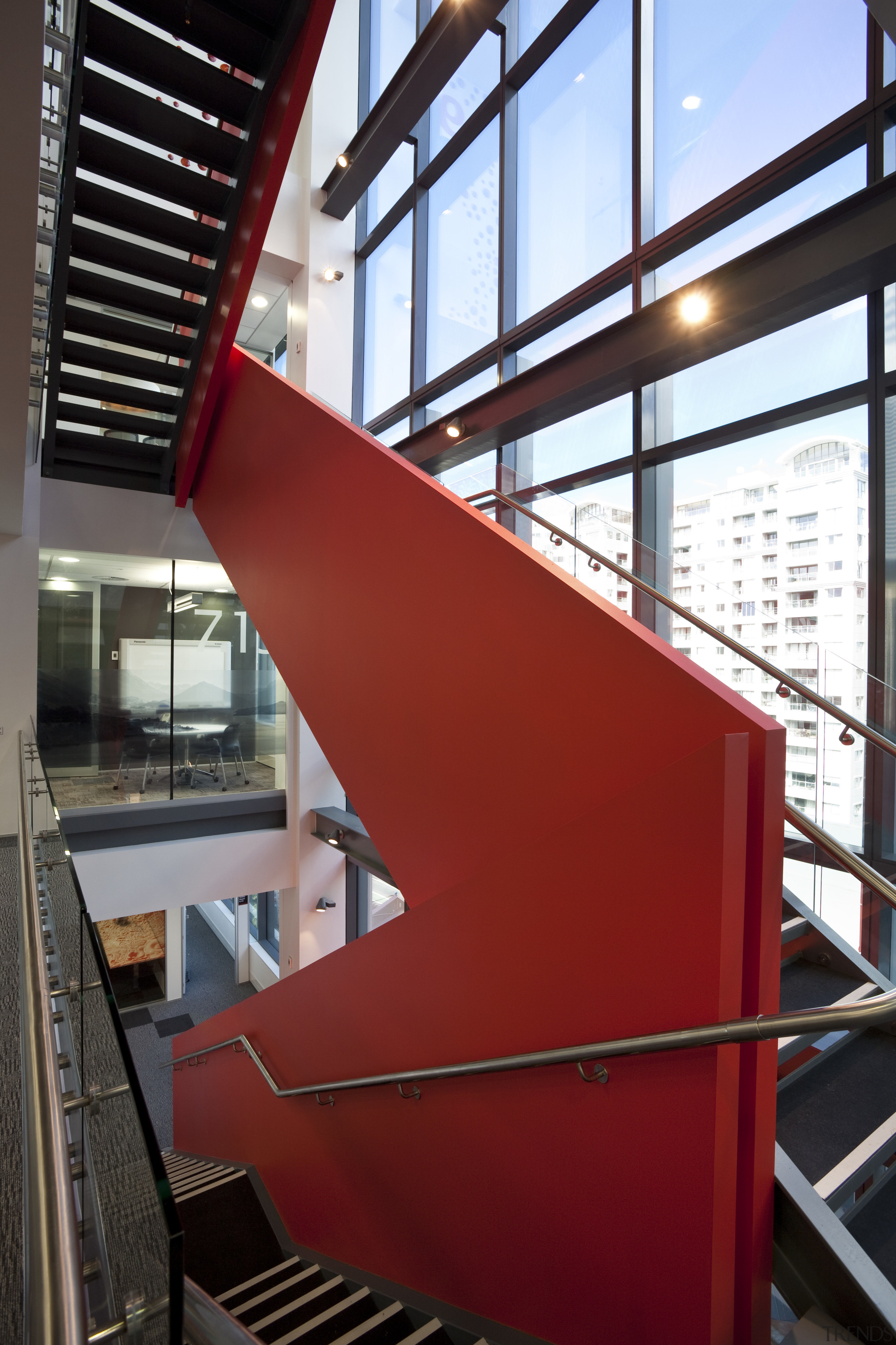 View of stairway with red wall at the architecture, building, daylighting, glass, handrail, line, stairs, structure, red