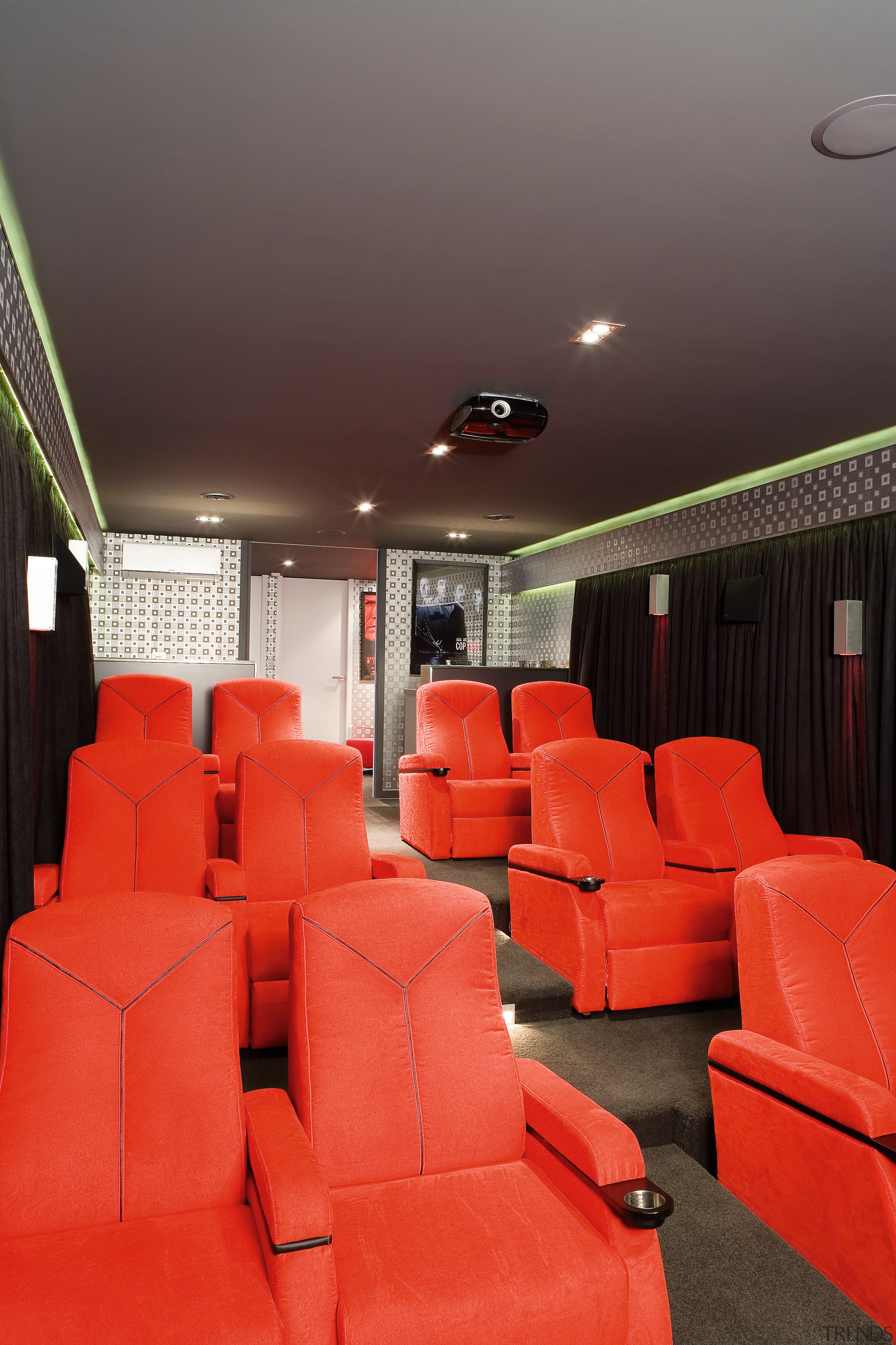 A view of this 12-seater theatre features its architecture, ceiling, interior design, red, red