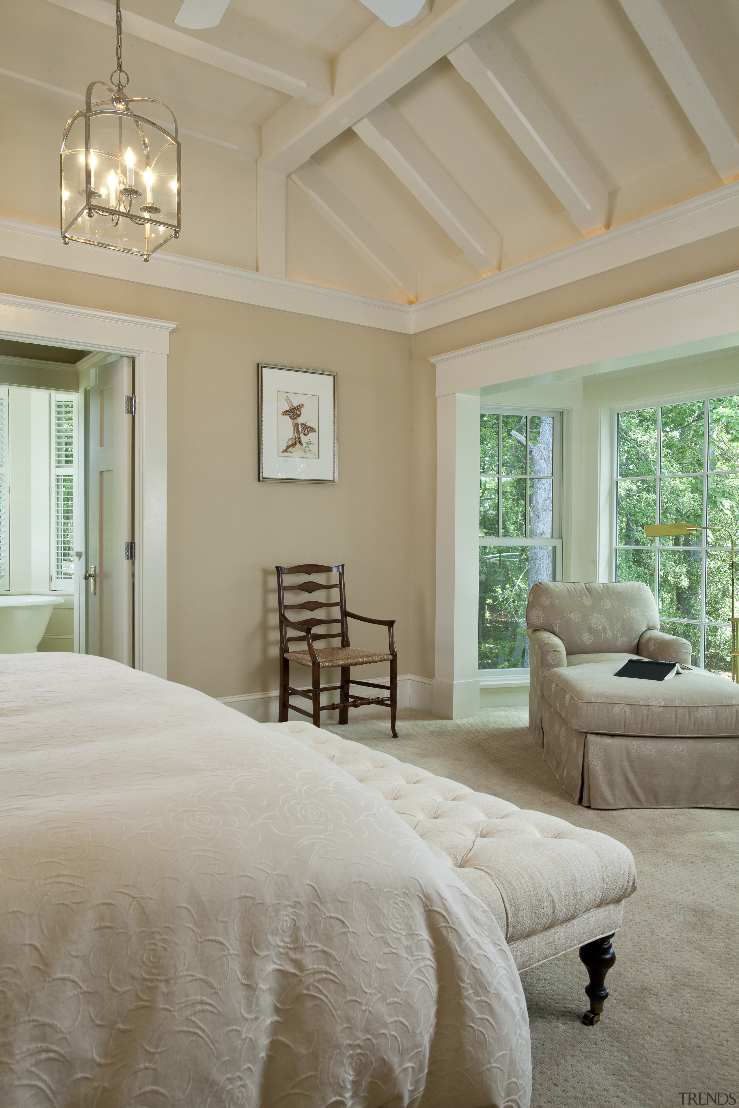 Soaring ceilings belie the medium-sized footprint of this bed frame, bedroom, ceiling, daylighting, estate, floor, home, house, interior design, living room, real estate, room, wall, window, wood, gray