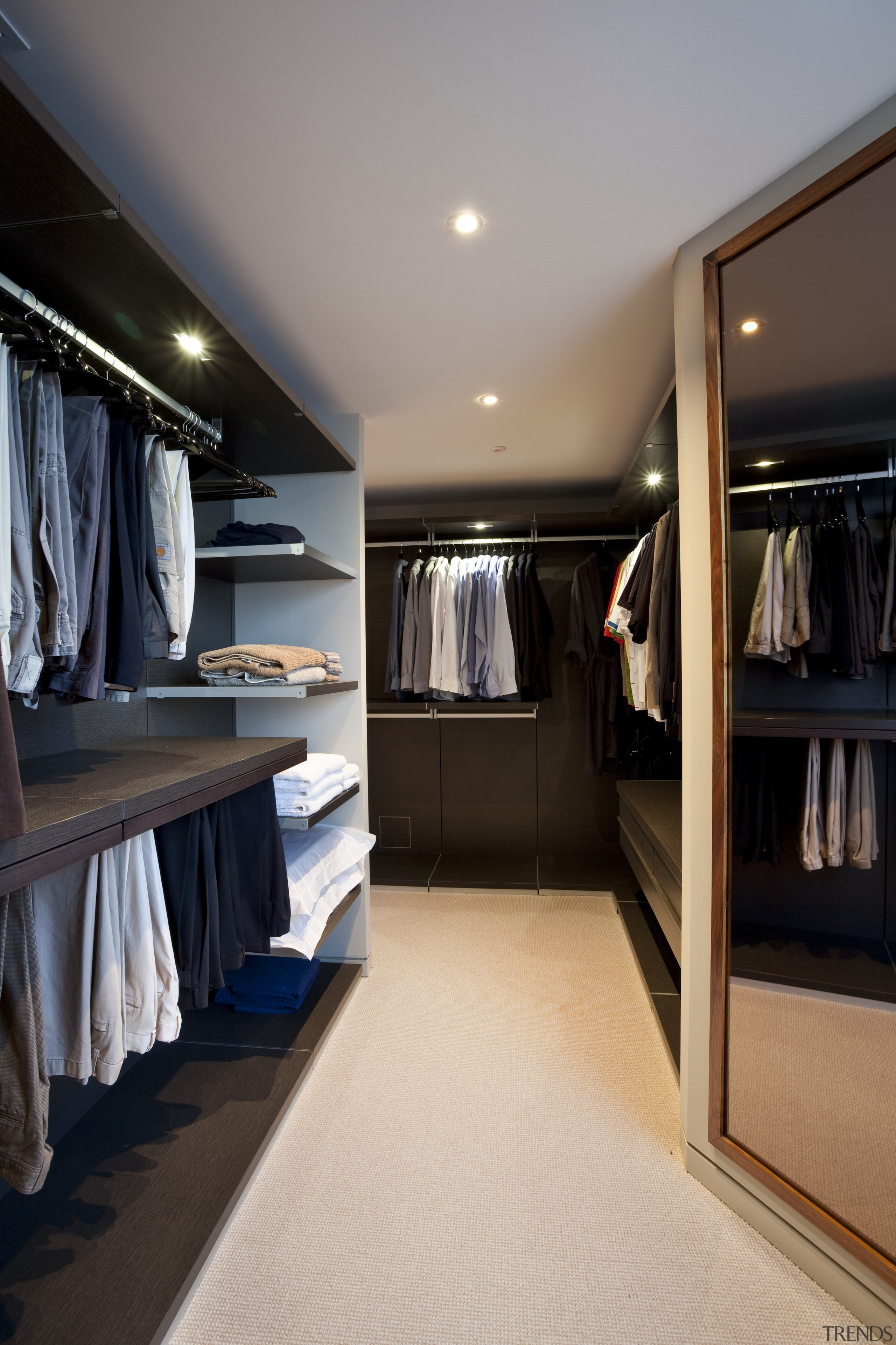 View of bathroom with freestanding tub in a closet, furniture, interior design, room, wardrobe, gray, black