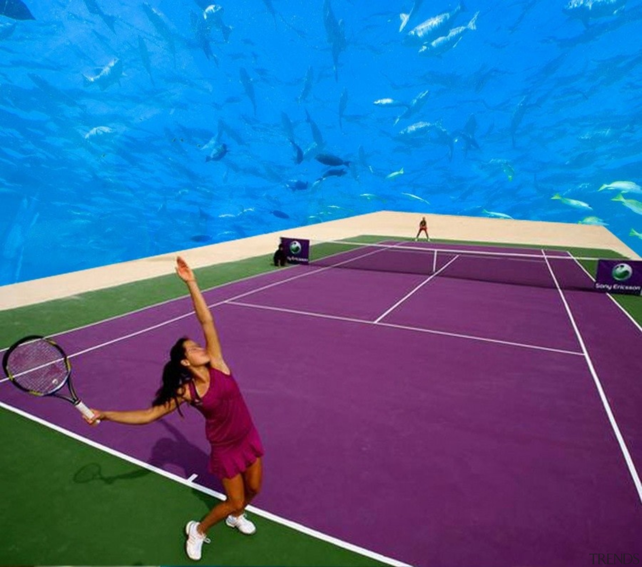 World's First Underwater Tennis Complex 02 - World's ball game, grass, leisure, net, racquet sport, sport venue, sports, structure, tennis, tennis court, tennis player, teal, purple