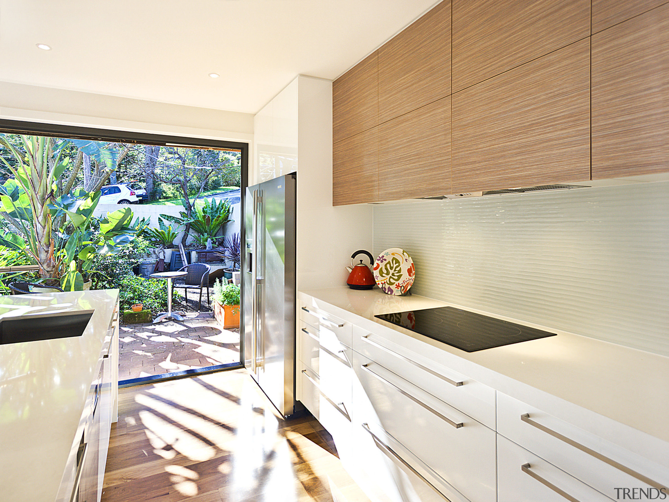 View of kitchen featuring wood floors, white bench ceiling, countertop, home, house, interior design, property, real estate, room, white