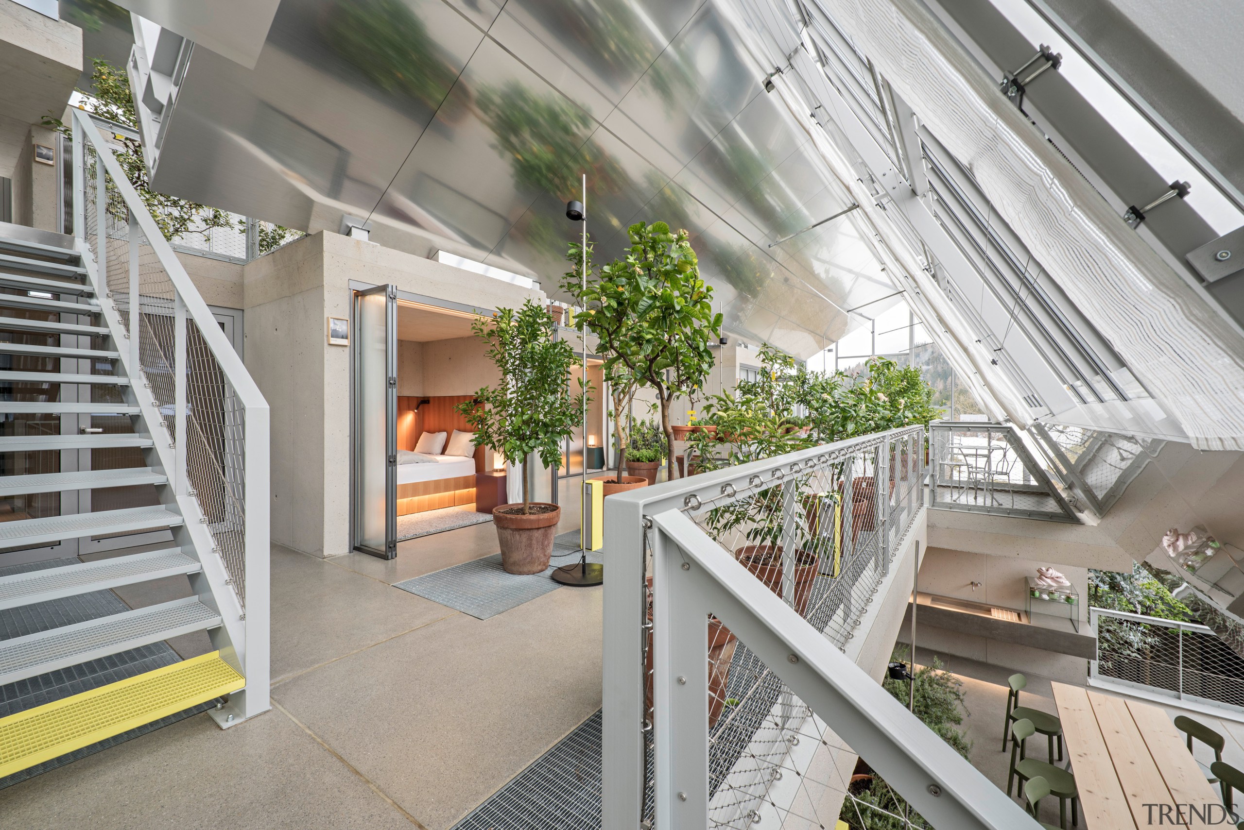 Large glass house, view across the floors and 