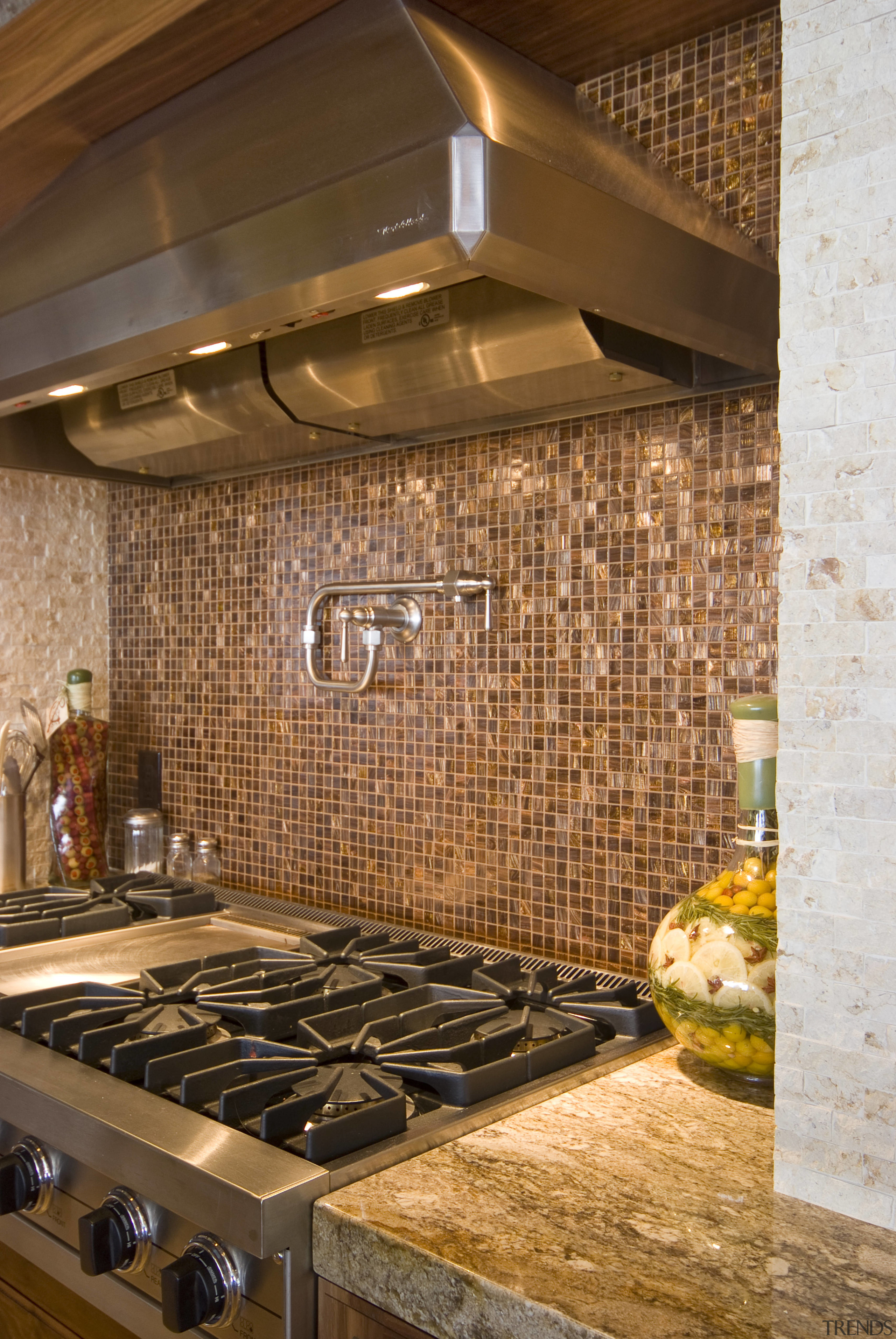 View of kitchen which features sold granite countertops countertop, flooring, interior design, kitchen, tile, brown