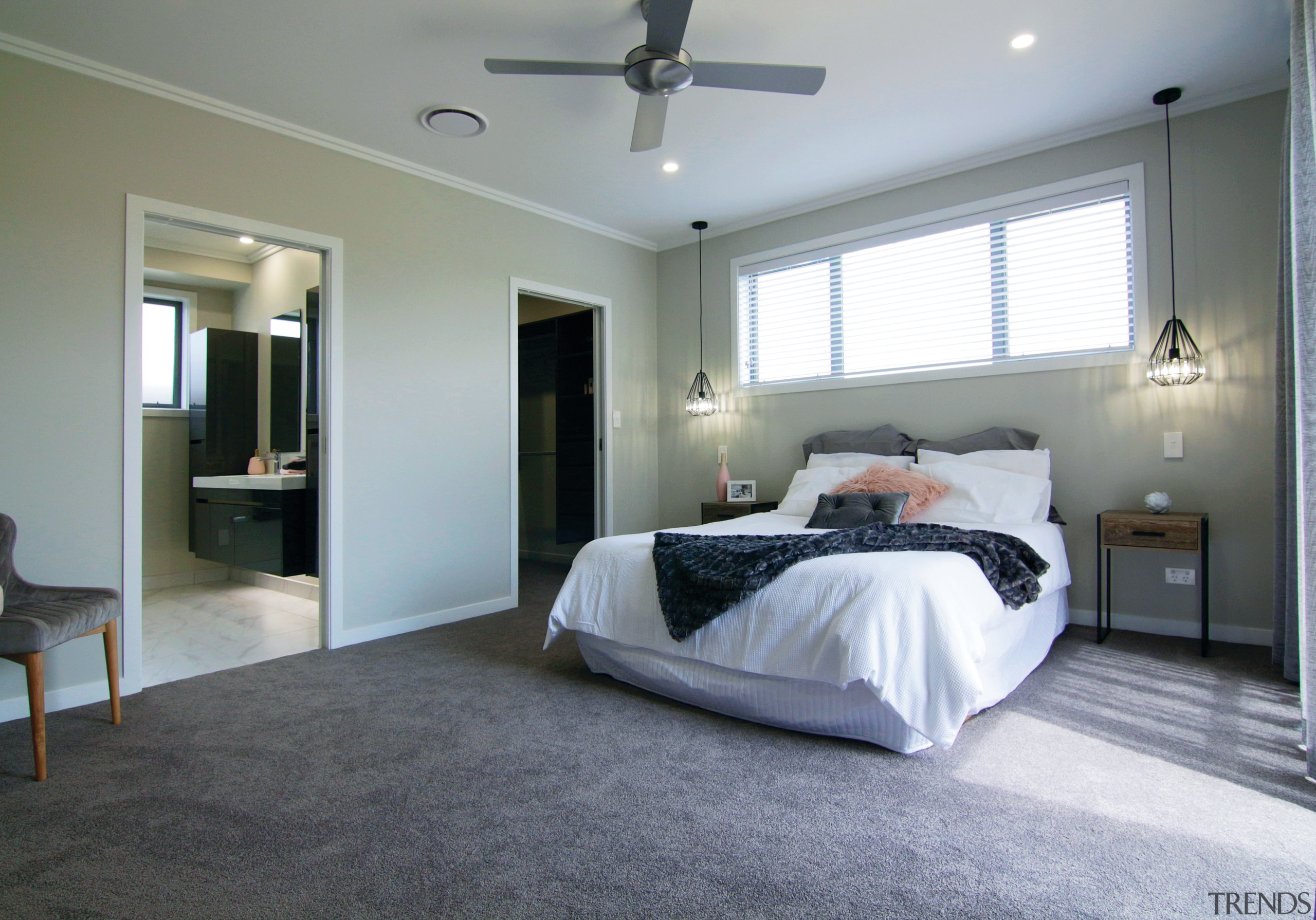 The master suite in this Fowler Homes Orewa bedroom, ceiling, floor, property, real estate, room, gray