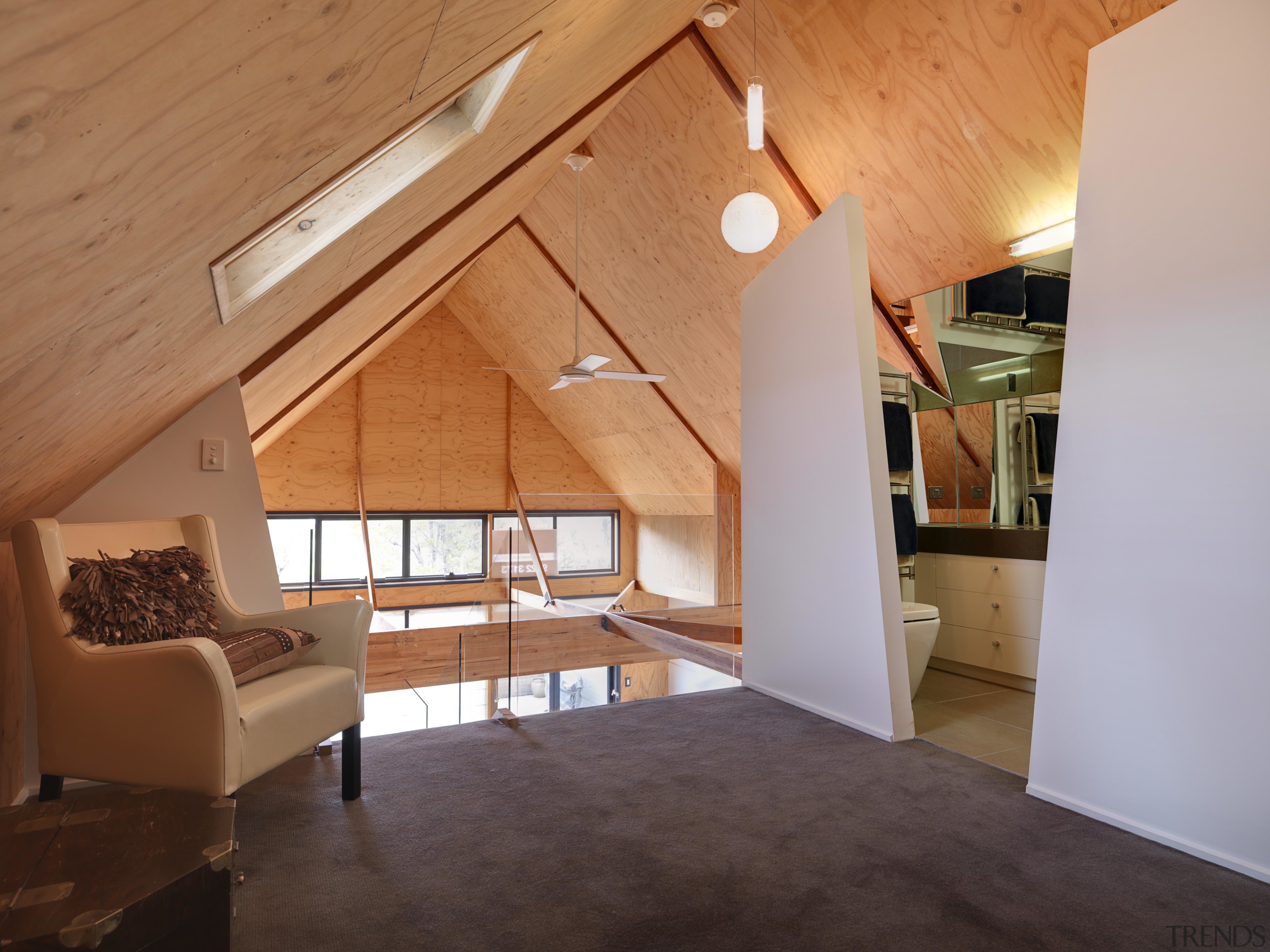 View of bathroom suite with angled openings - architecture, attic, beam, ceiling, daylighting, estate, floor, flooring, hardwood, home, house, interior design, laminate flooring, living room, loft, property, real estate, room, wall, wood, wood flooring, orange, gray