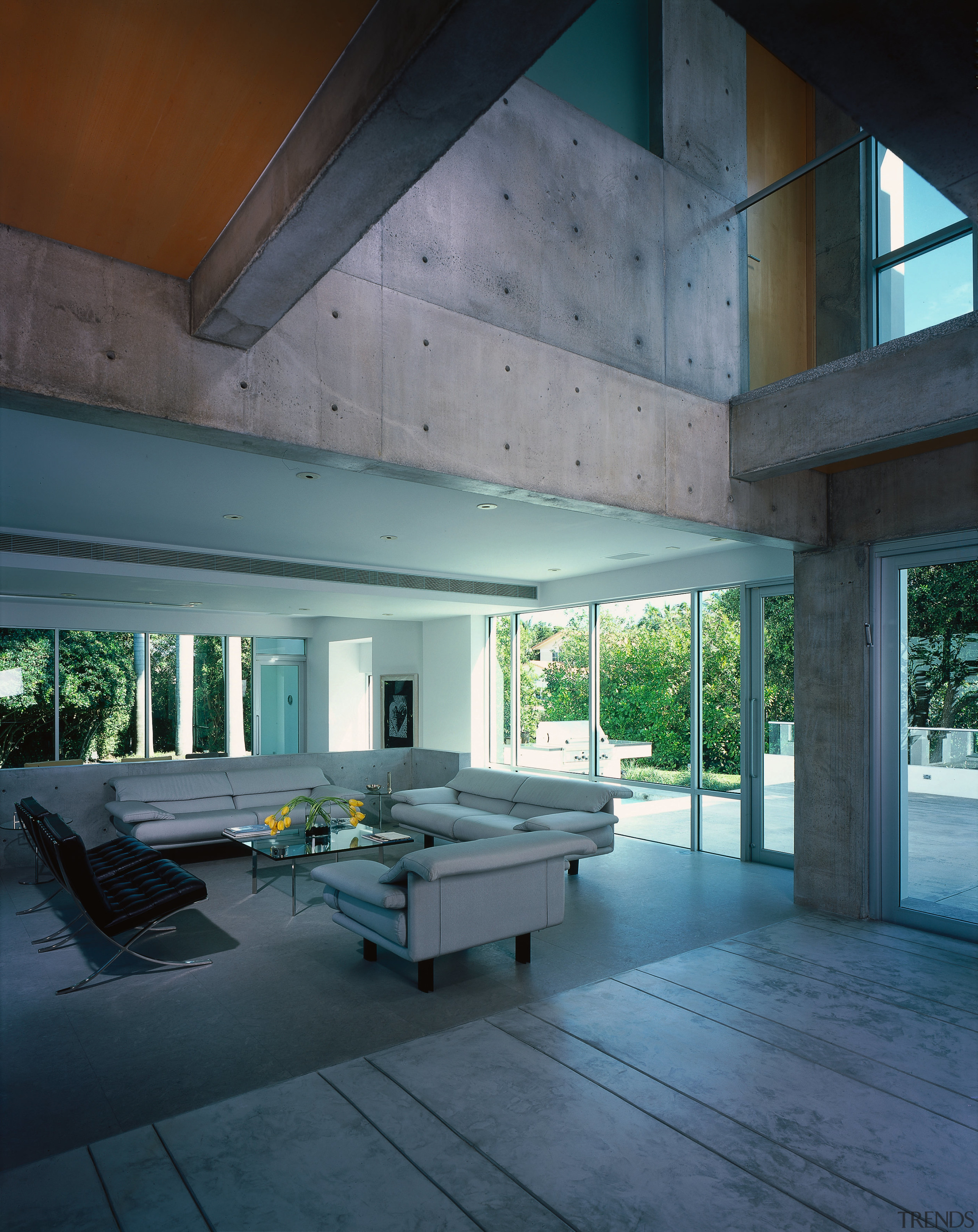 Vie wof the living area, polished concrete and architecture, ceiling, daylighting, estate, floor, house, interior design, black, teal