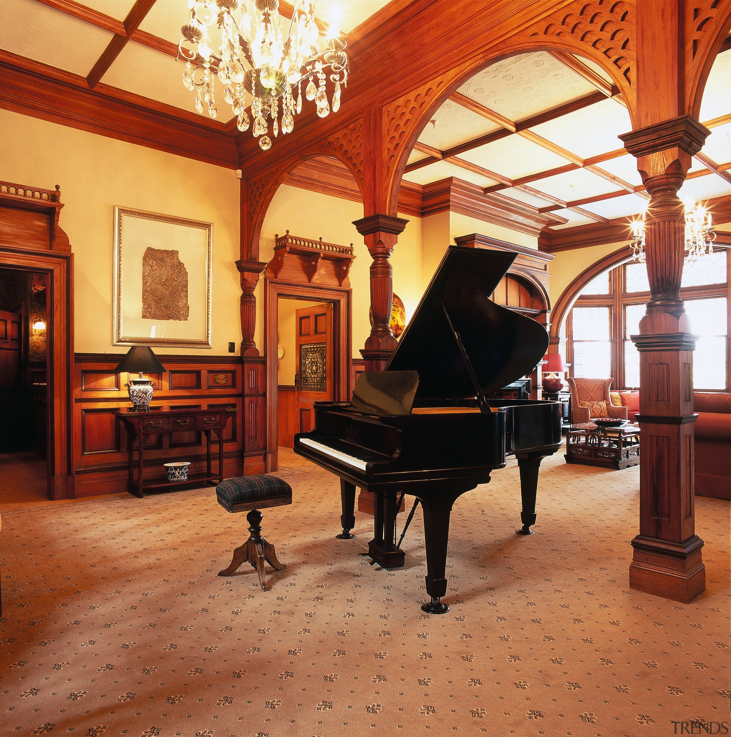 The view of a piano in a historical flooring, furniture, interior design, keyboard, piano, player piano, tourist attraction, red, orange