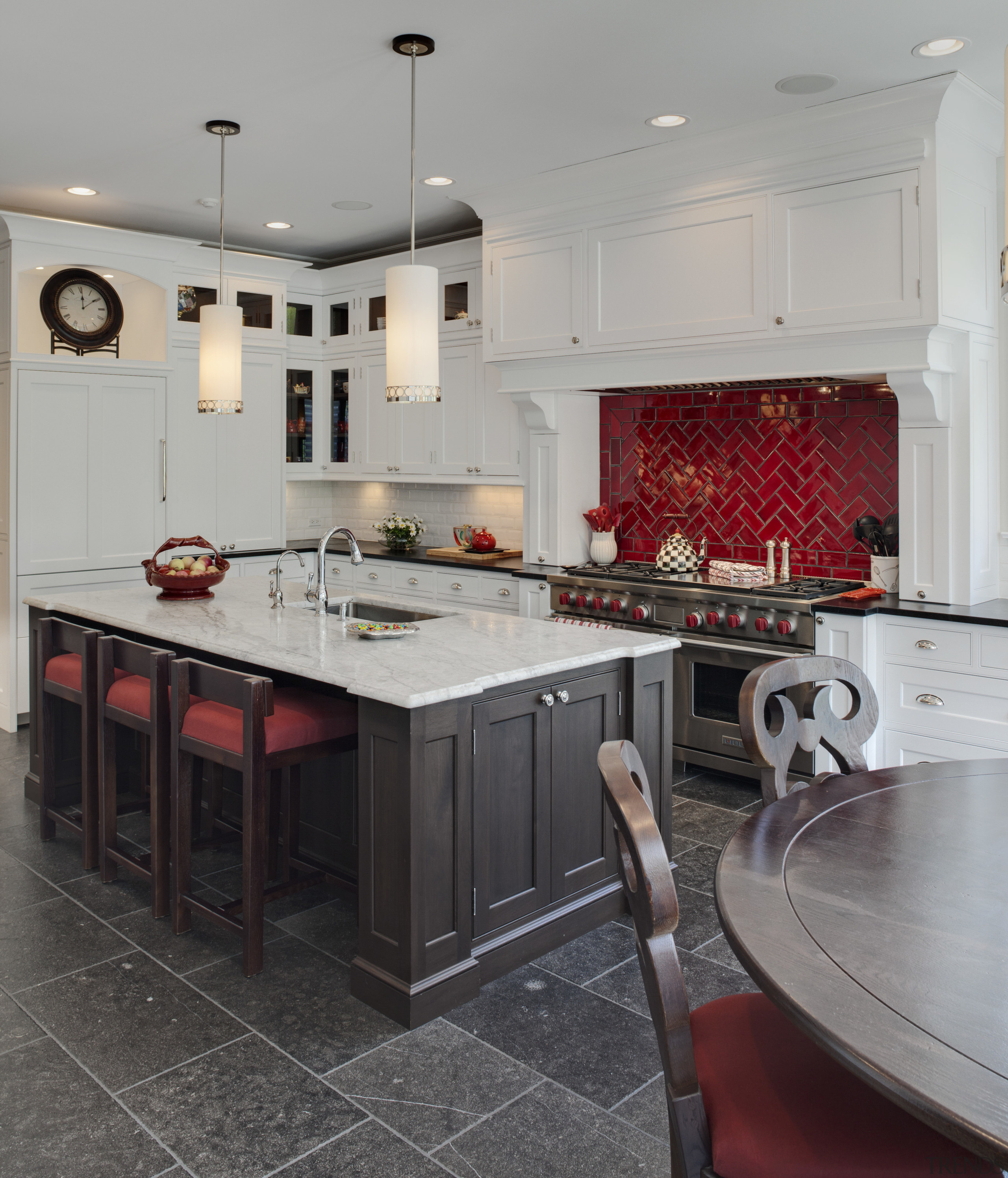 Arched openings. Red splash back. Limestone floors. White cabinetry, countertop, cuisine classique, floor, flooring, interior design, kitchen, room, gray