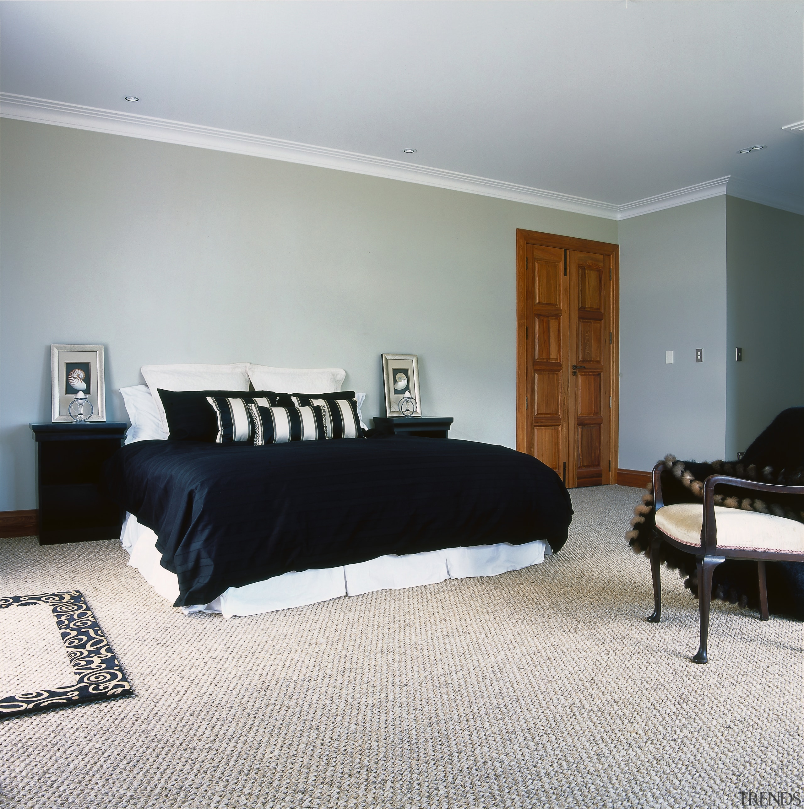 view of lounge showing textured carpets - view bed, bed frame, bedroom, ceiling, floor, flooring, furniture, home, interior design, living room, real estate, room, wall, window, wood, gray