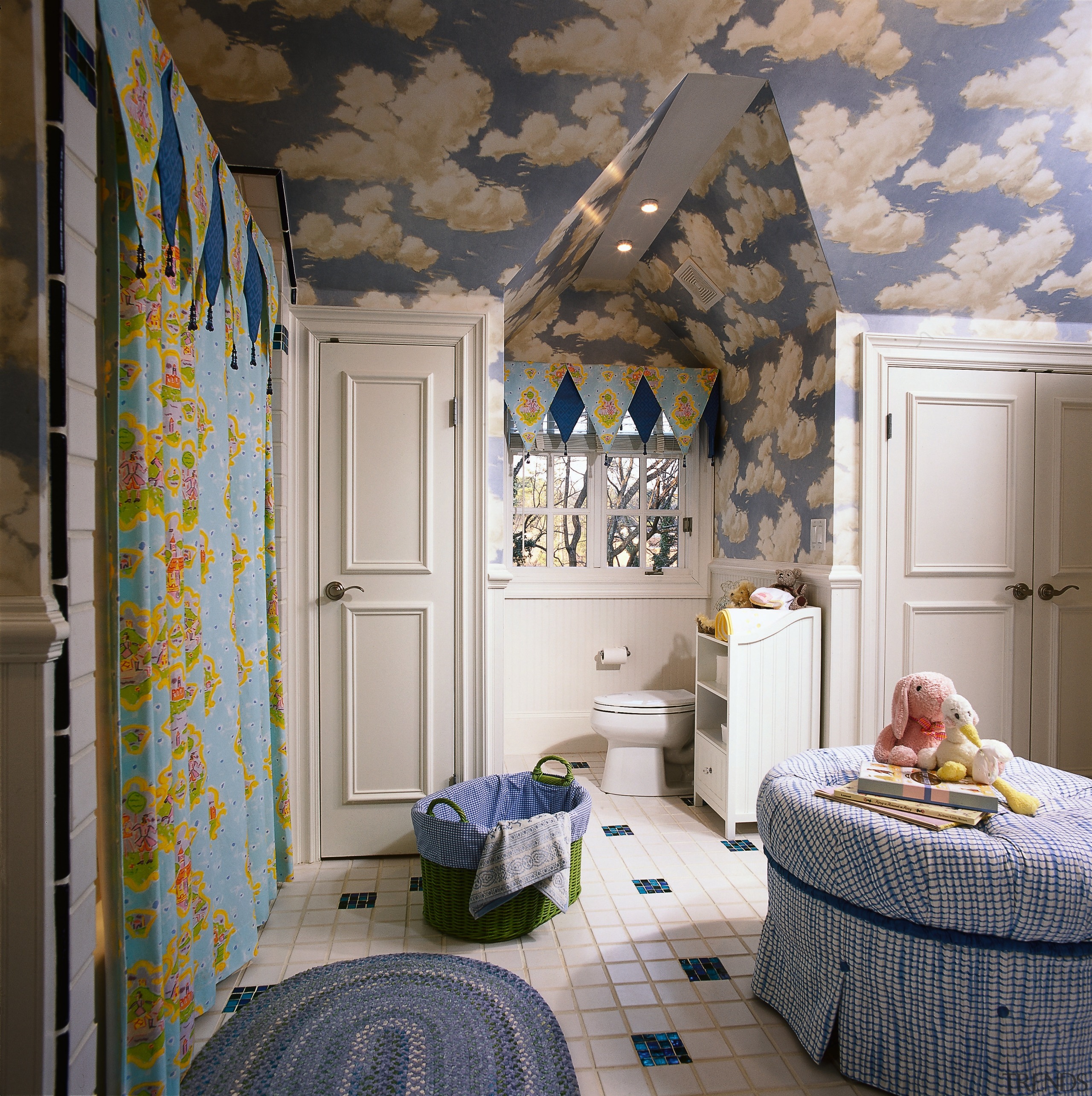 view of this themed bathroom showing tiled flooring, bedroom, blue, ceiling, home, interior design, living room, real estate, room, wall, window, gray