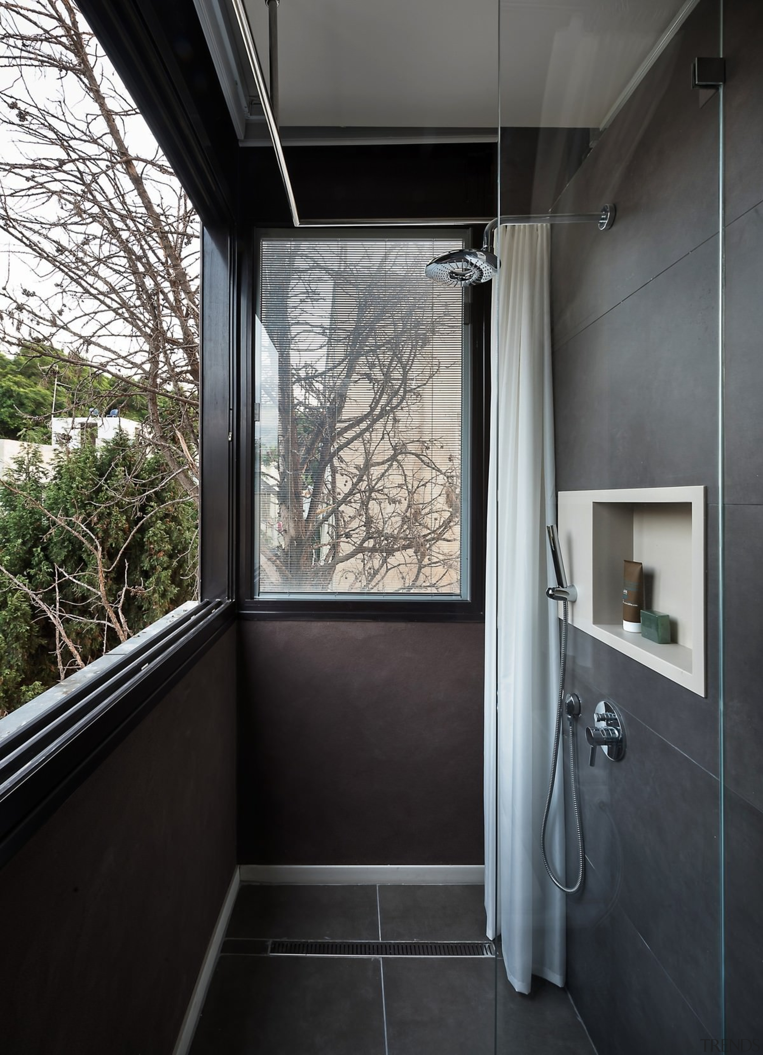 A bathroom with a view - A bathroom architecture, daylighting, glass, home, house, interior design, real estate, window, black, gray