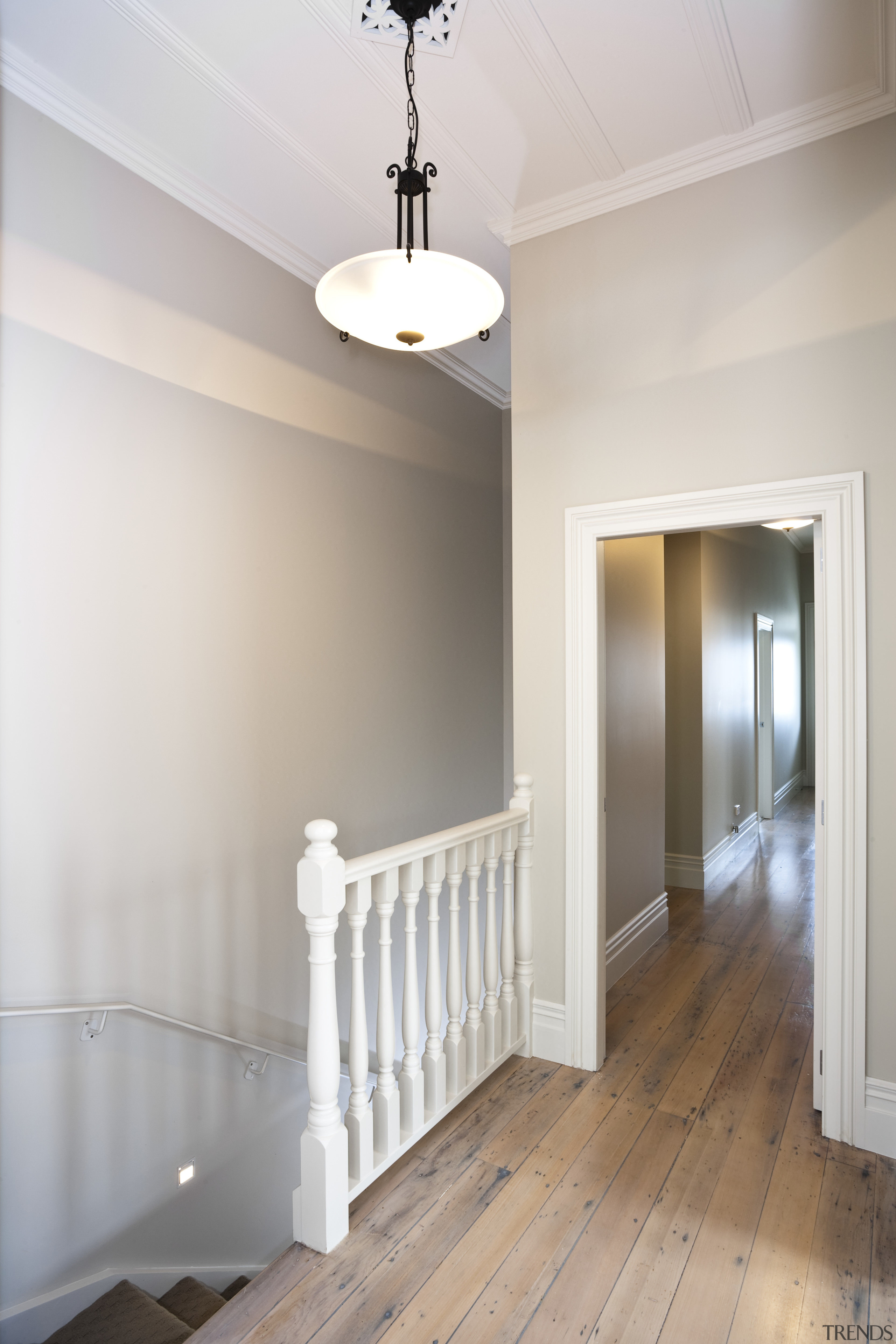 View of Resene paints in neutral shades. - architecture, ceiling, daylighting, estate, floor, flooring, hardwood, home, house, interior design, light fixture, molding, real estate, room, stairs, wall, wood, wood flooring, gray