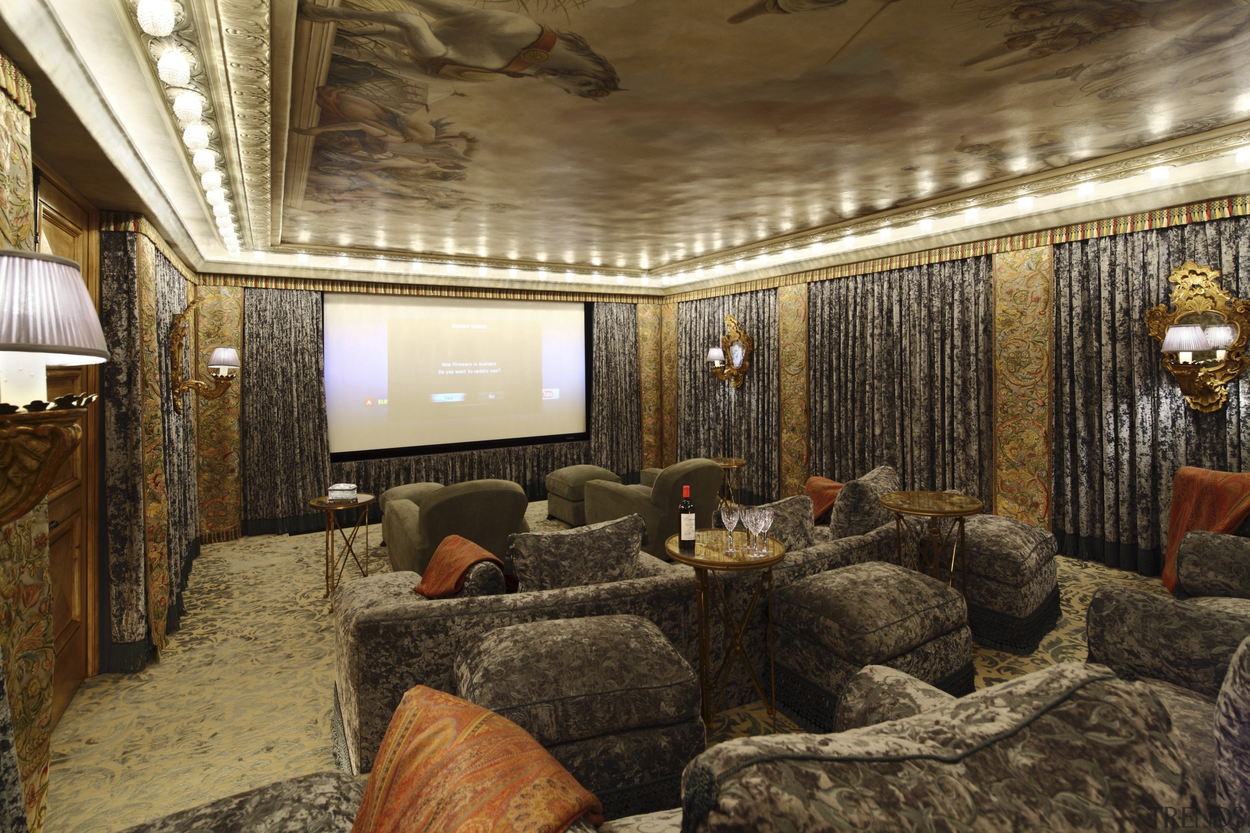 View of cinema room with couches and screen. ceiling, interior design, real estate, room, suite, brown