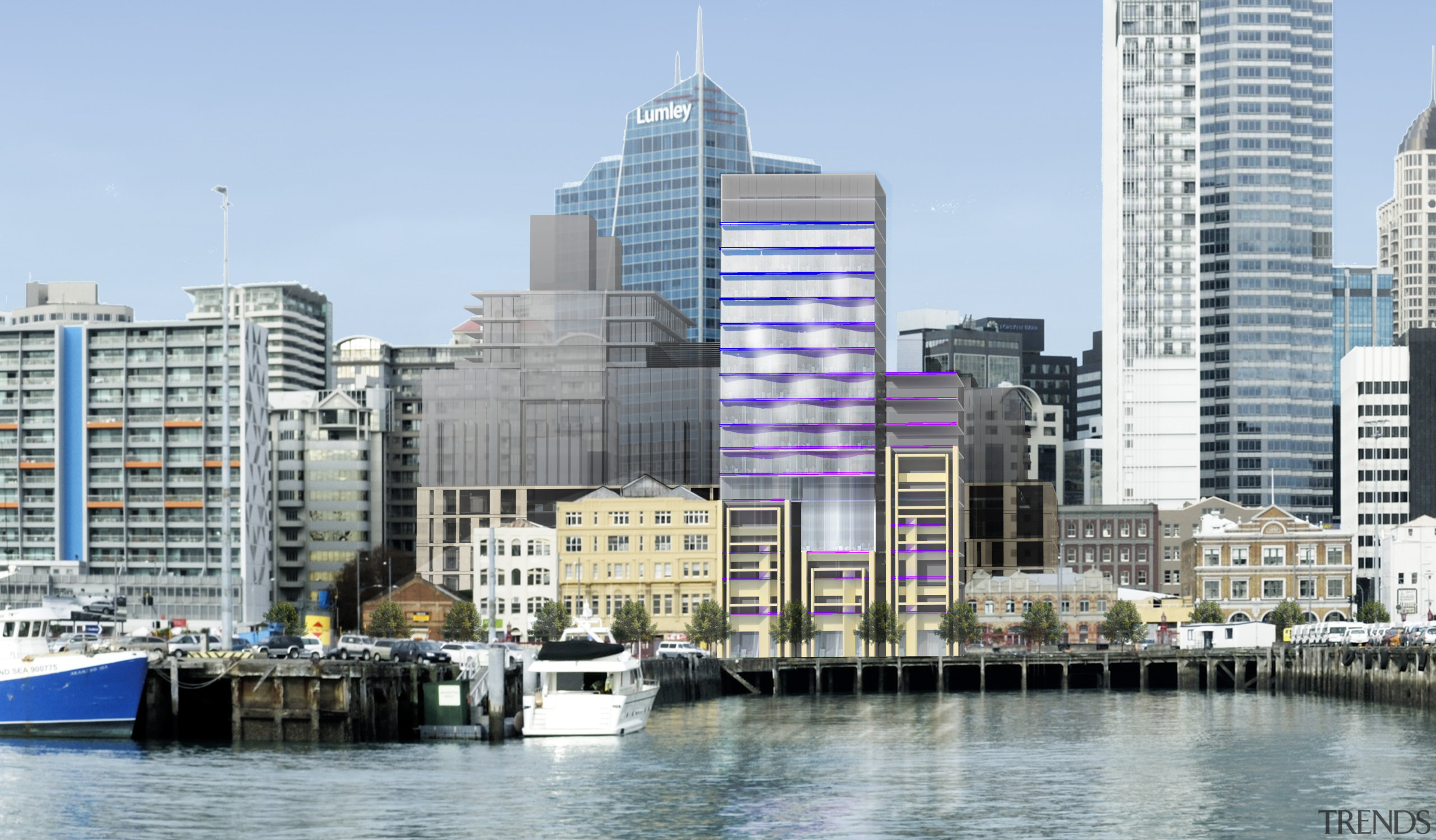 image of conceptual drawings for the latest mixed-use building, city, cityscape, condominium, daytime, downtown, harbor, marina, metropolis, metropolitan area, mixed use, real estate, skyline, skyscraper, tower block, urban area, water, water transportation, waterway, gray