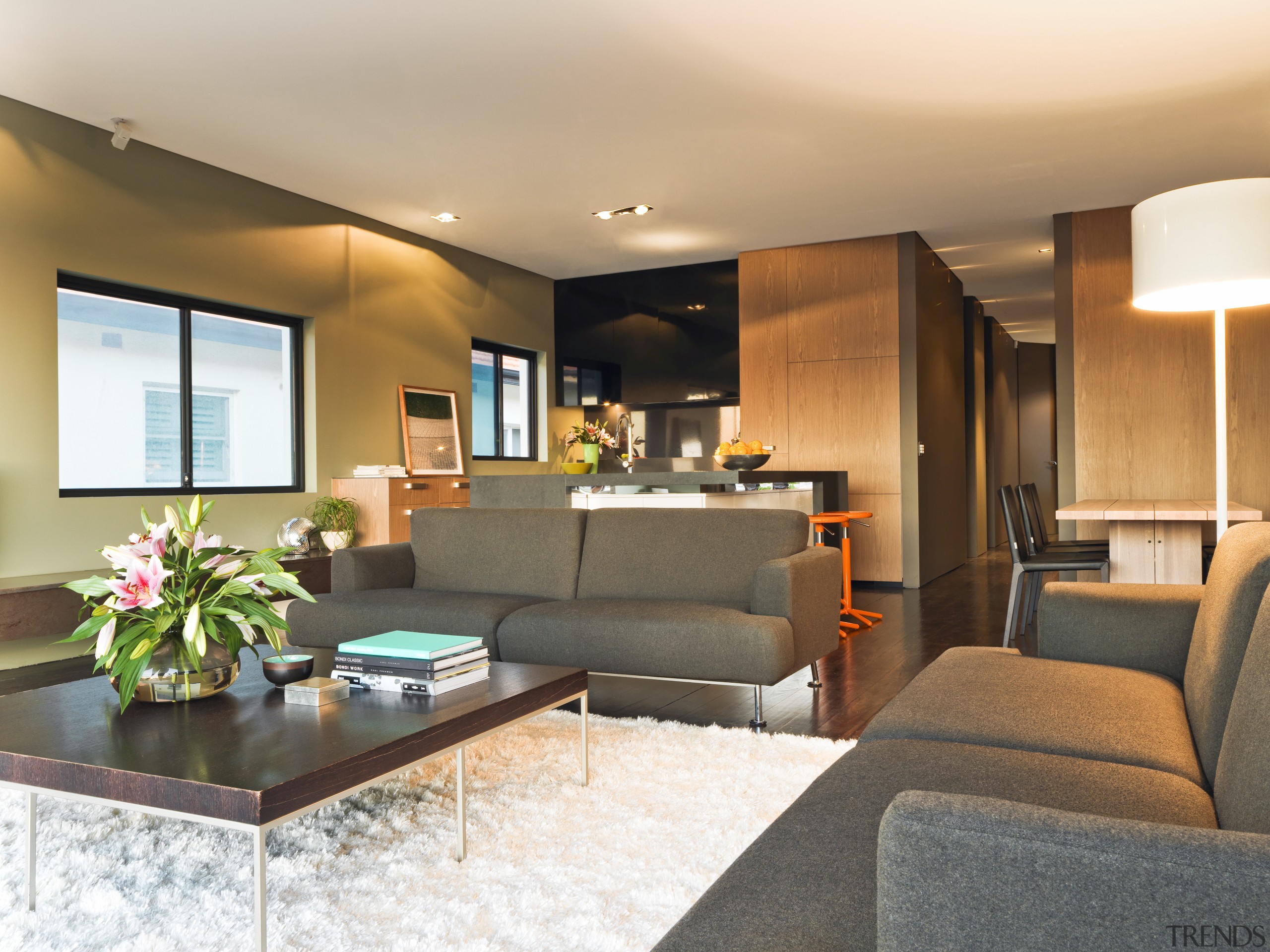 View of the main living room &amp; kitchen ceiling, home, interior design, living room, real estate, room, suite, white, brown