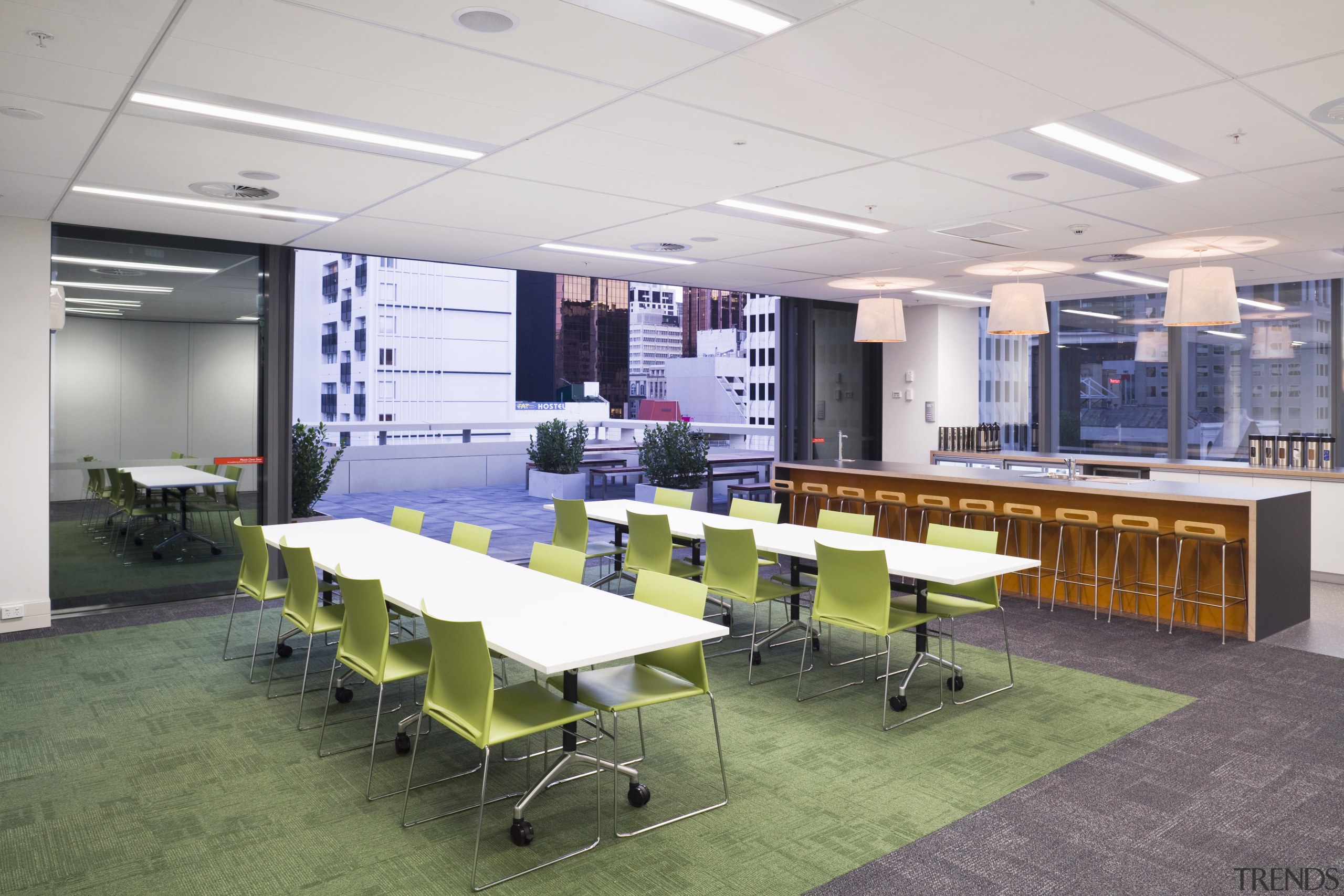 Interior view of office space inside the Westpac classroom, furniture, interior design, office, table, white