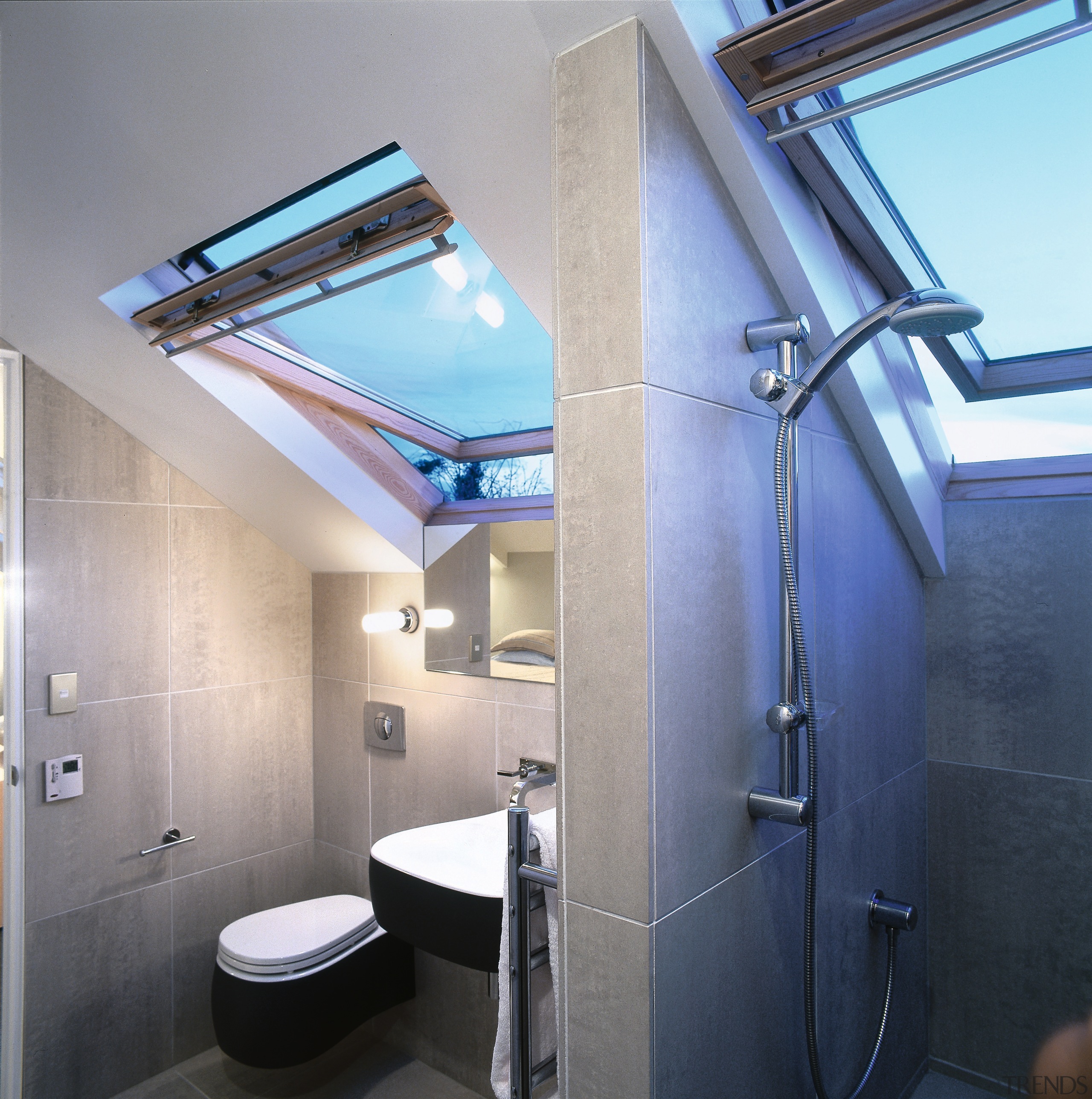 Velux windows add a sense of height in architecture, bathroom, ceiling, daylighting, interior design, room, gray