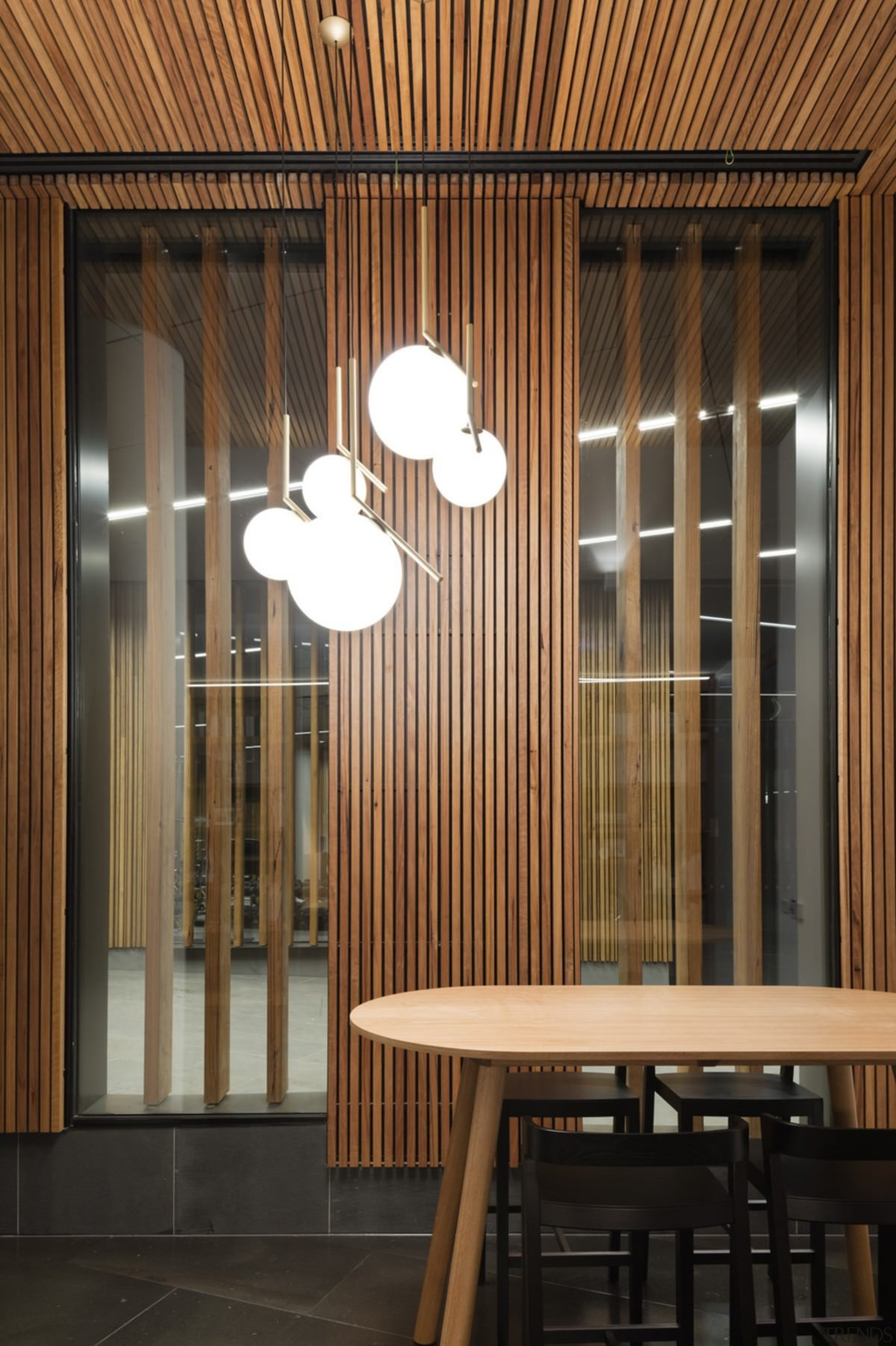 Promenade Aqui by Woods Bagot - Promenade Aqui architecture, ceiling, furniture, interior design, light fixture, lighting, lobby, wall, window, window covering, wood, brown, black