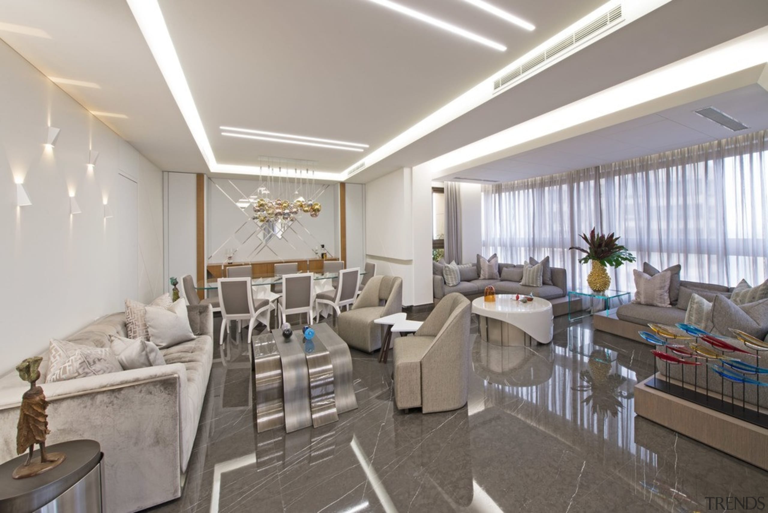 The whole living space is fitted with custom architecture, building, ceiling, furniture, house, interior design, office, property, real estate, restaurant, room, gray