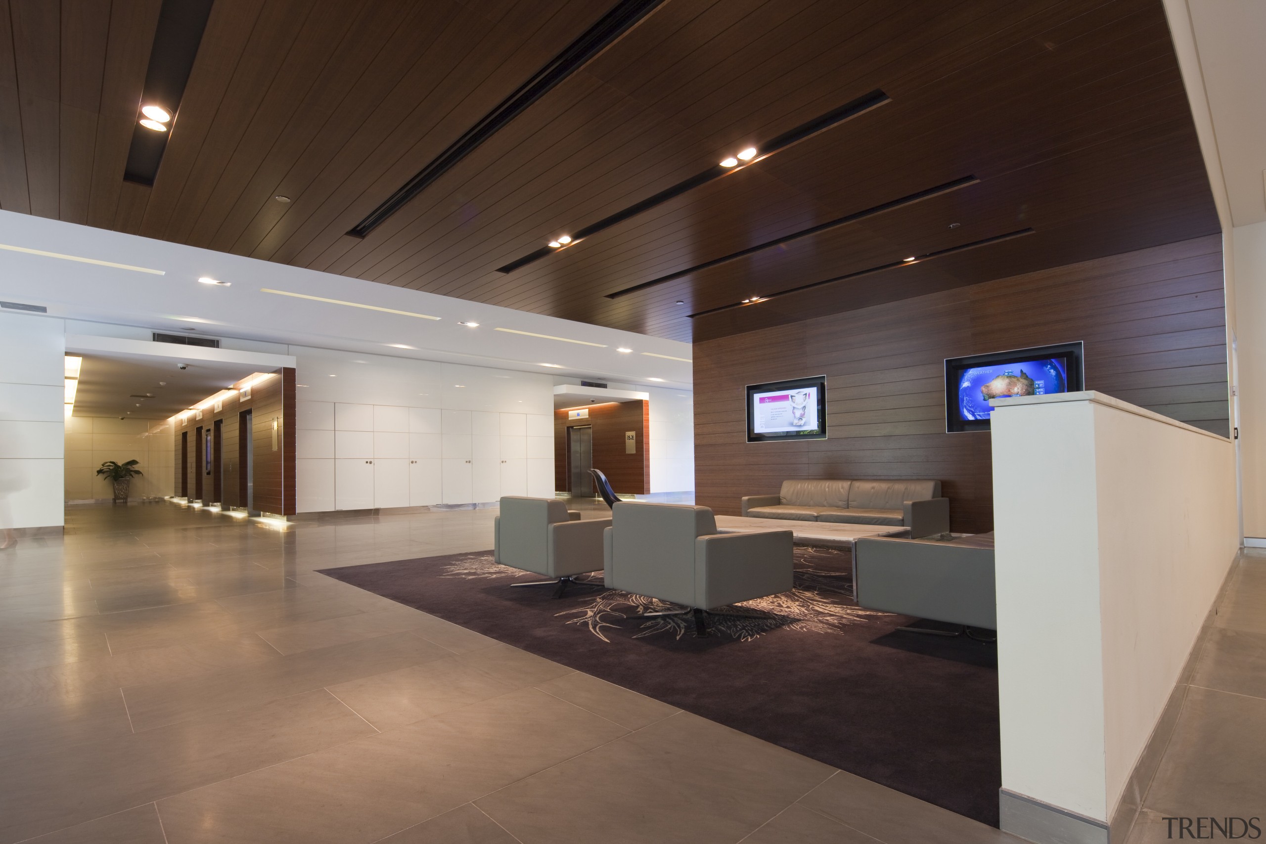 View of lobby space for 175 Liverpool Street architecture, ceiling, floor, flooring, interior design, lobby, brown, gray