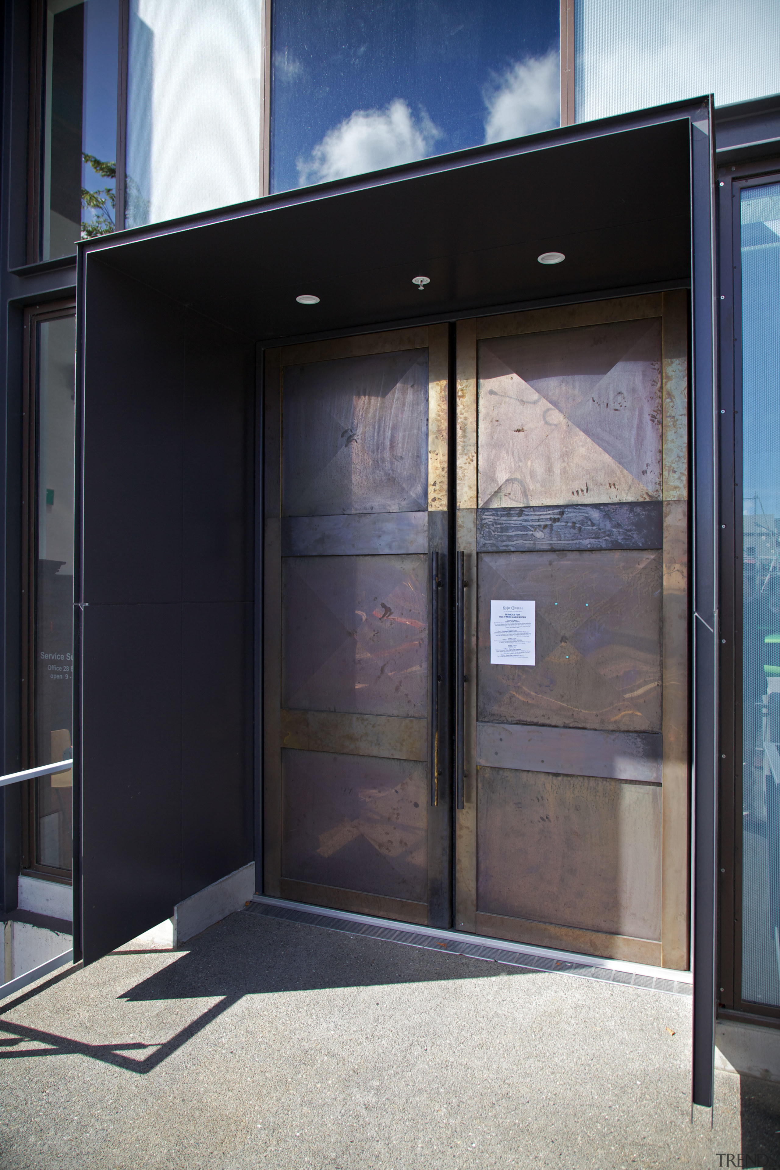 The entry to the rebuilt Knox Church in architecture, door, facade, glass, window, black, gray