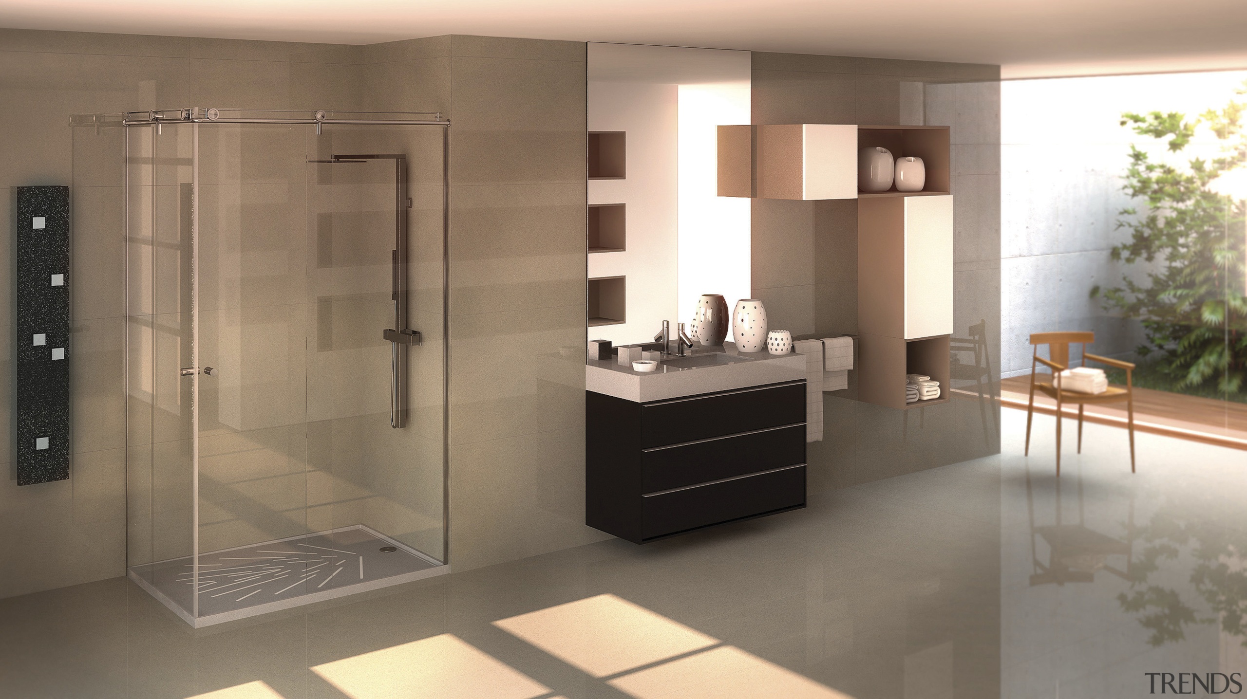 Bathroom with light toned floors and walls and bathroom, bathroom accessory, bathroom cabinet, cabinetry, floor, interior design, product design, room, brown