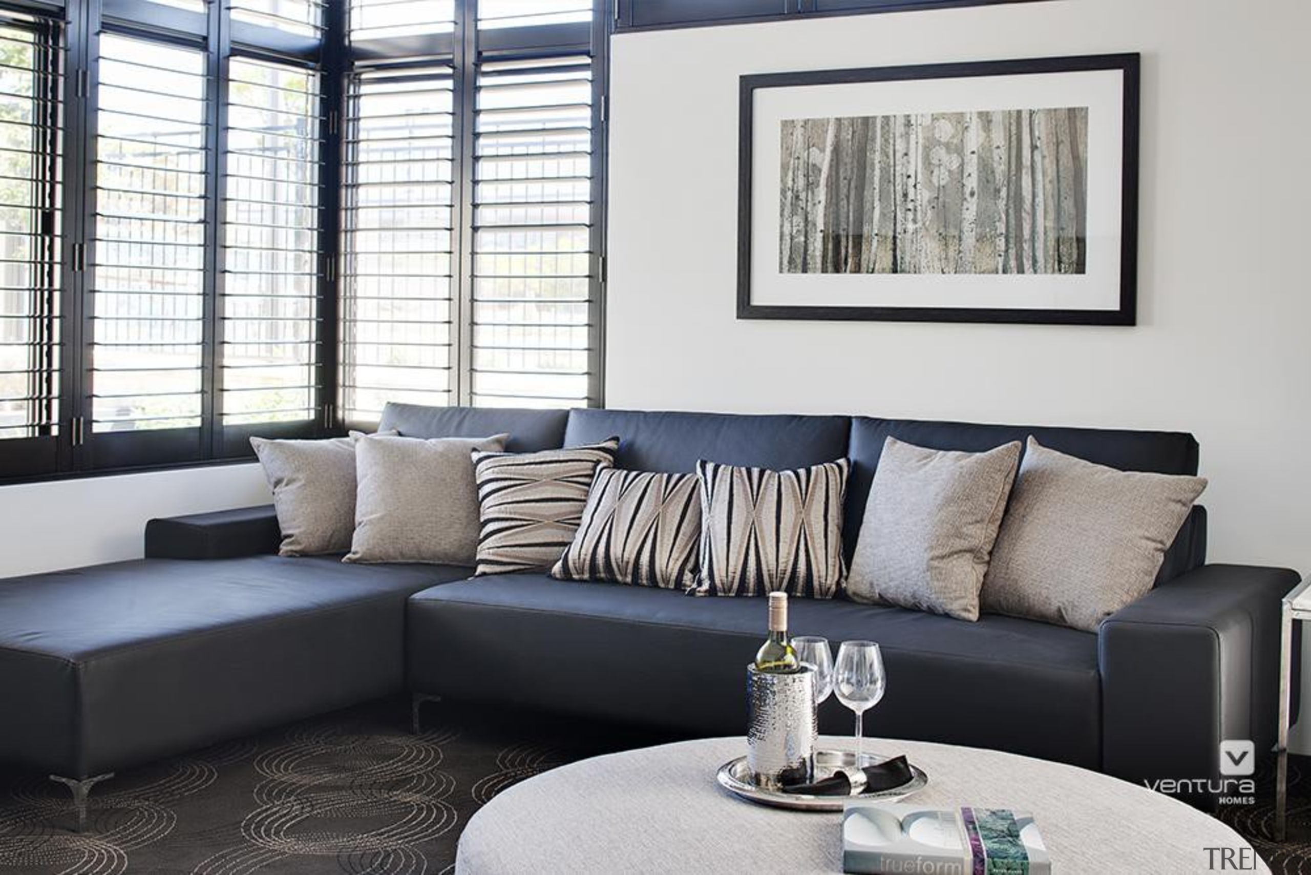 Living Room Design. - The Element Display Home couch, furniture, home, interior design, living room, loveseat, room, table, window, window covering, white, black, gray