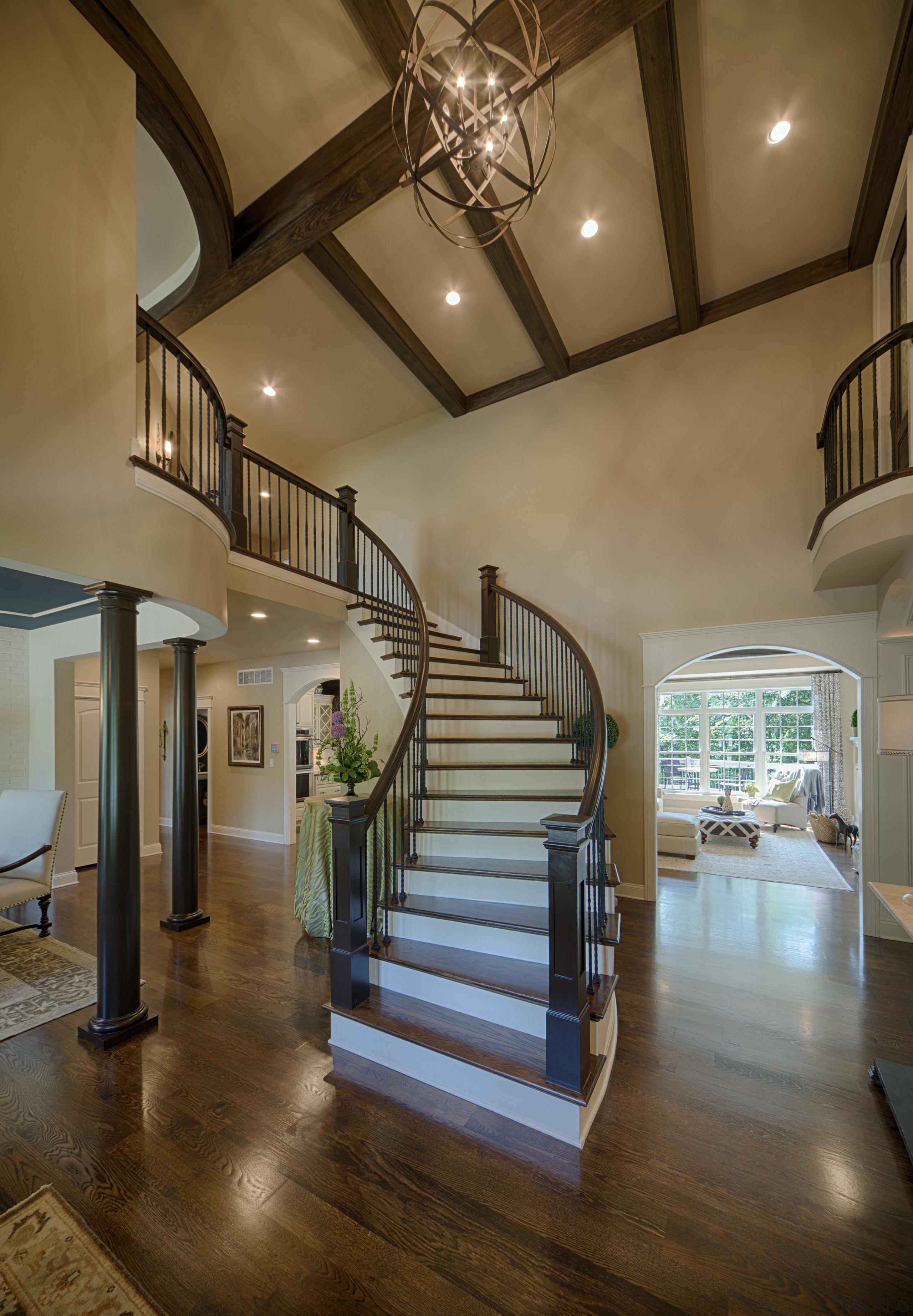 formerluy a dark and rather uninviting space, the architecture, ceiling, daylighting, estate, floor, flooring, handrail, hardwood, home, house, interior design, living room, lobby, real estate, stairs, wall, wood, wood flooring, brown