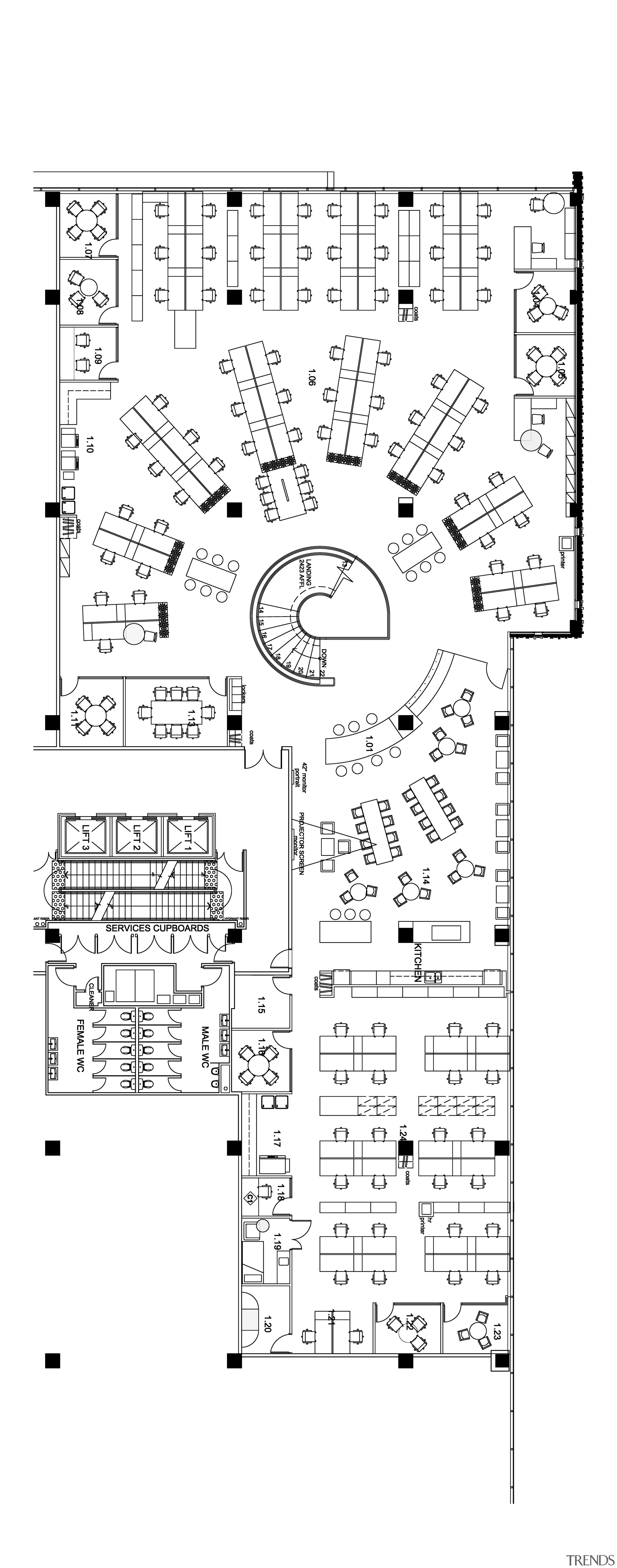 On the upper level of the new BP area, black and white, design, diagram, drawing, floor plan, font, line, line art, plan, product design, text, white