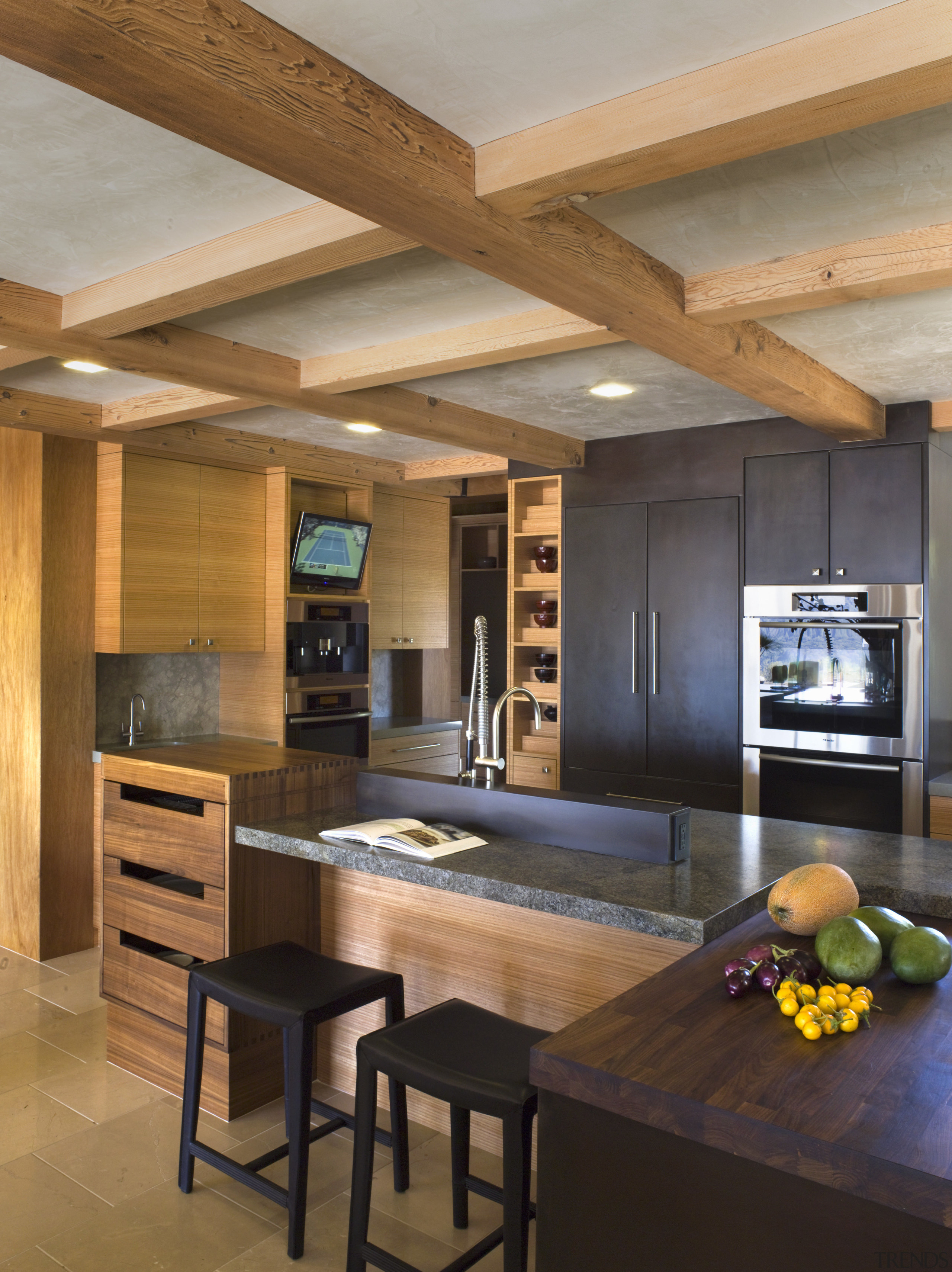 Ranch-style kitchen by Applegate Tran Interiors - Ranch-style architecture, ceiling, countertop, hardwood, house, interior design, kitchen, living room, real estate, wood flooring, brown