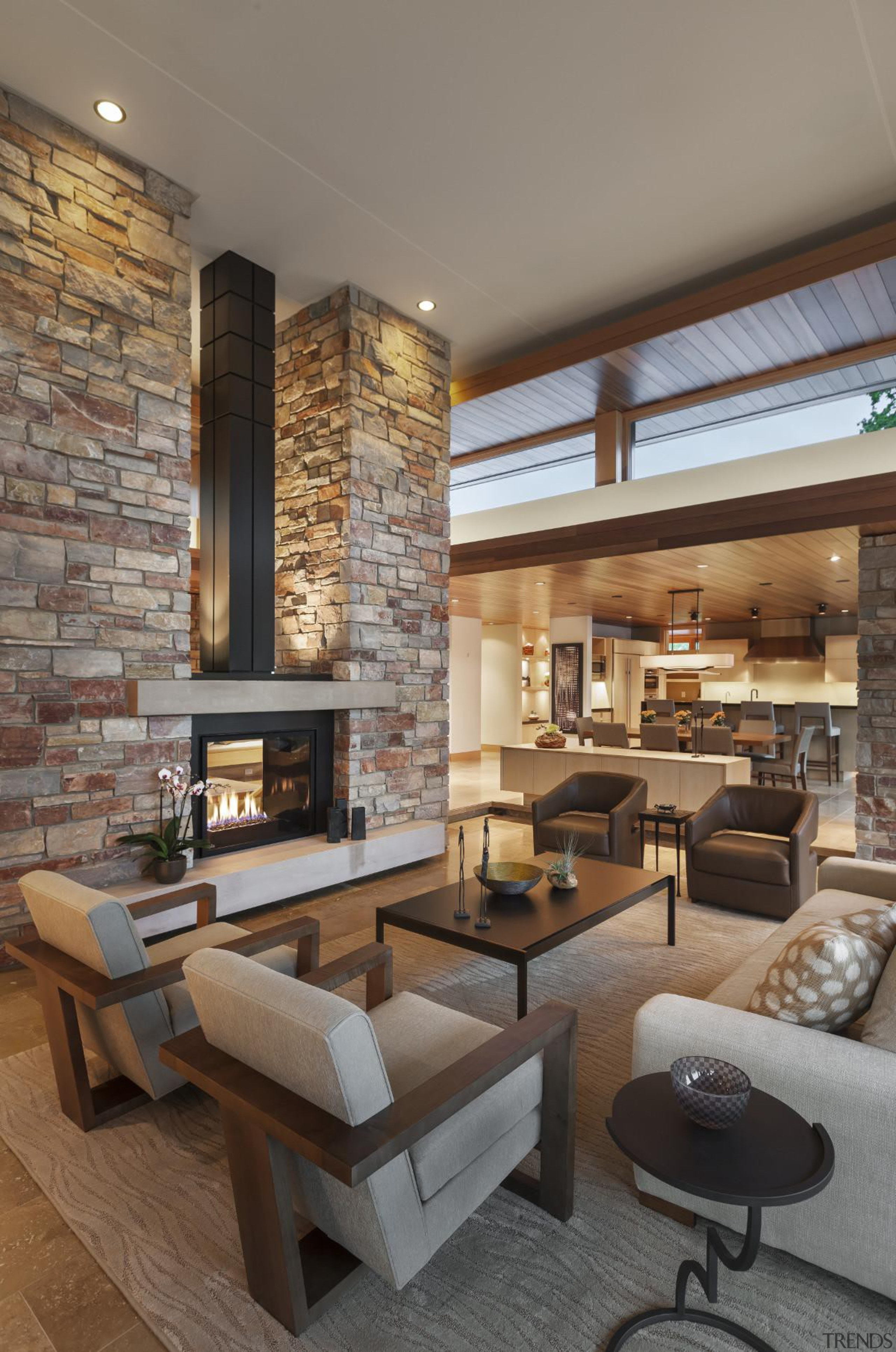 This new house, designed by Charles R Stinson ceiling, fireplace, interior design, living room, wall, gray