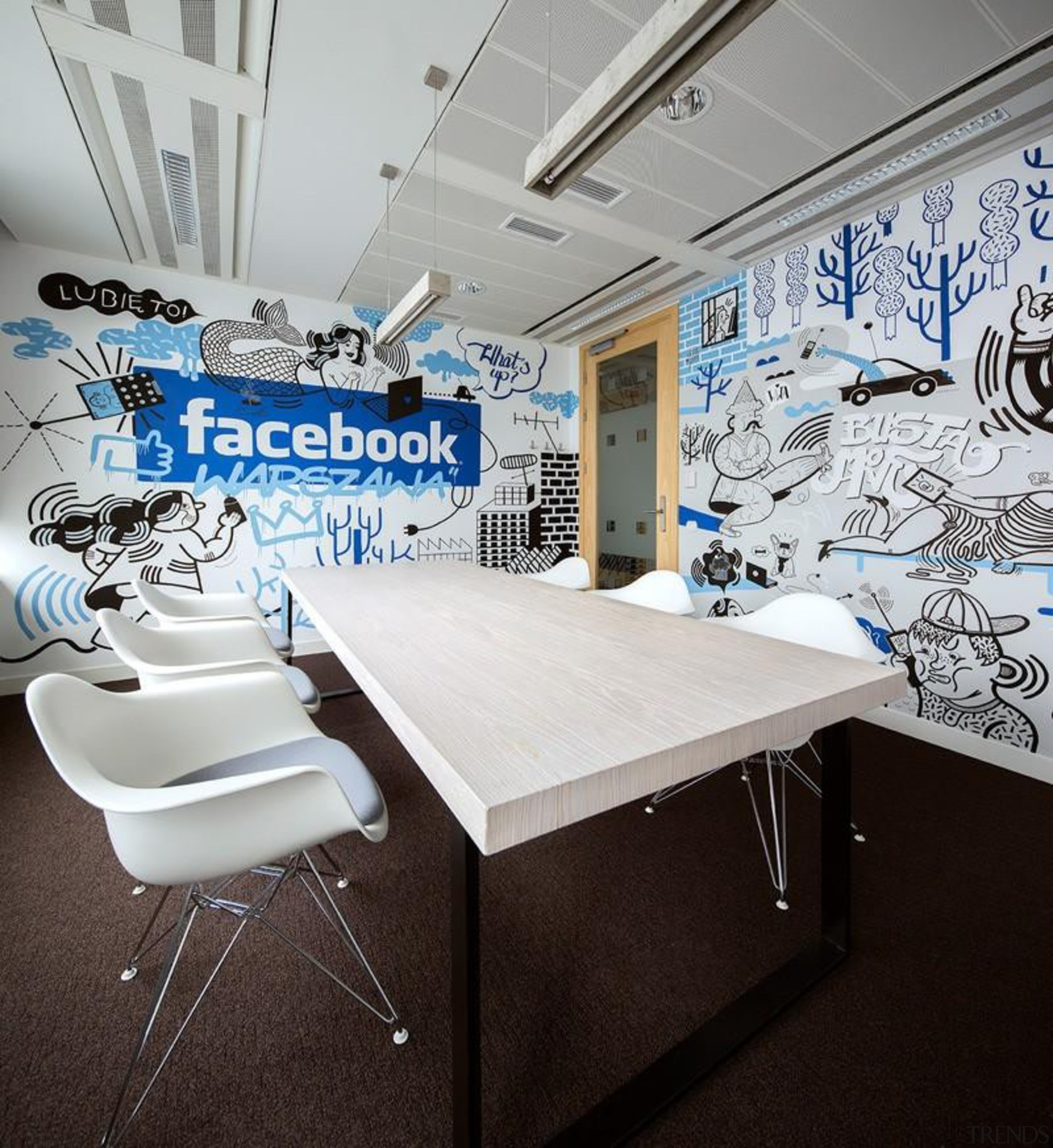 Who better than Facebook to redefine what a ceiling, furniture, interior design, office, table, wall, gray, black, white