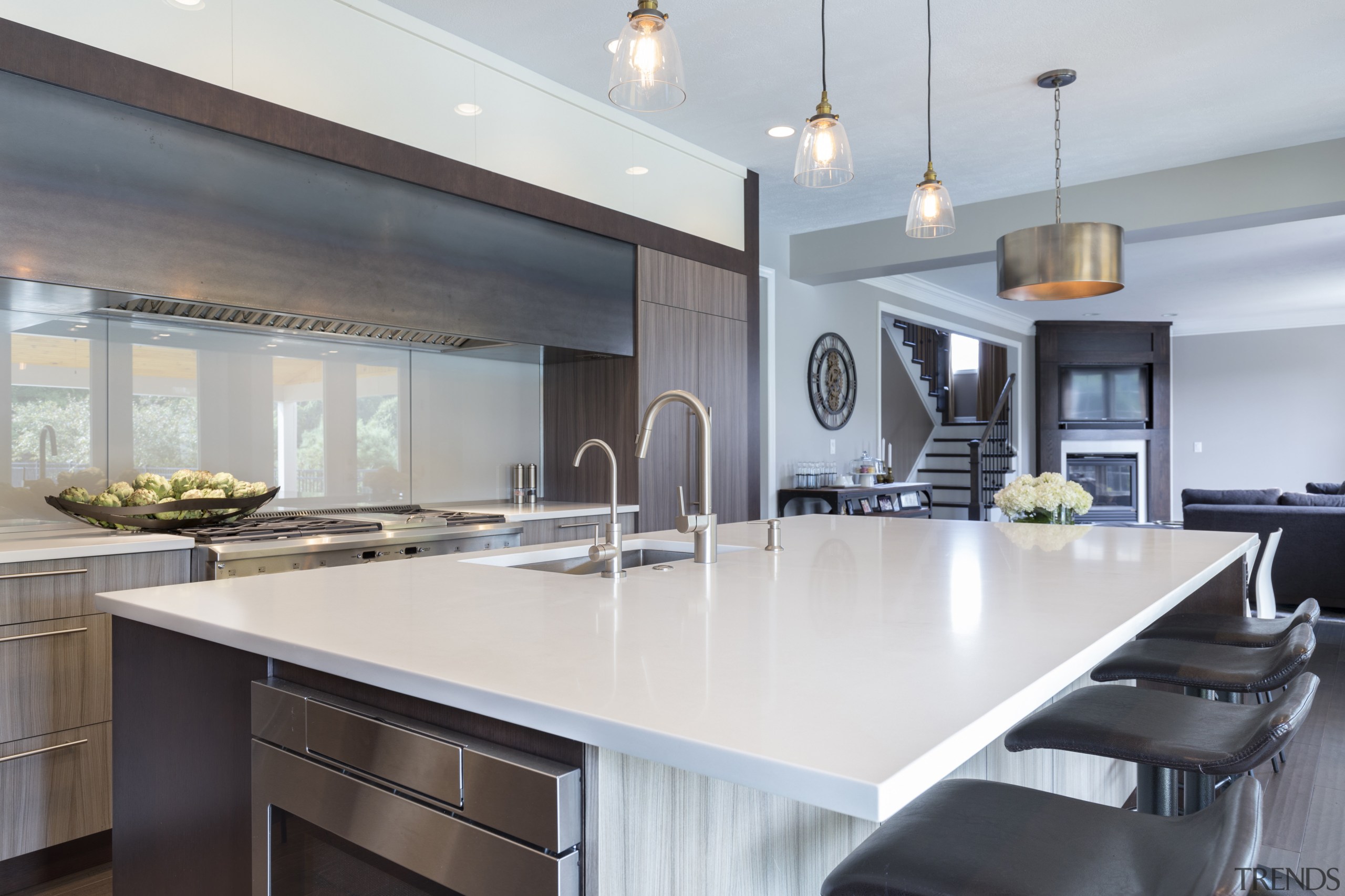 The two laminate finishes  a dark wood ceiling, countertop, cuisine classique, interior design, kitchen, real estate, gray