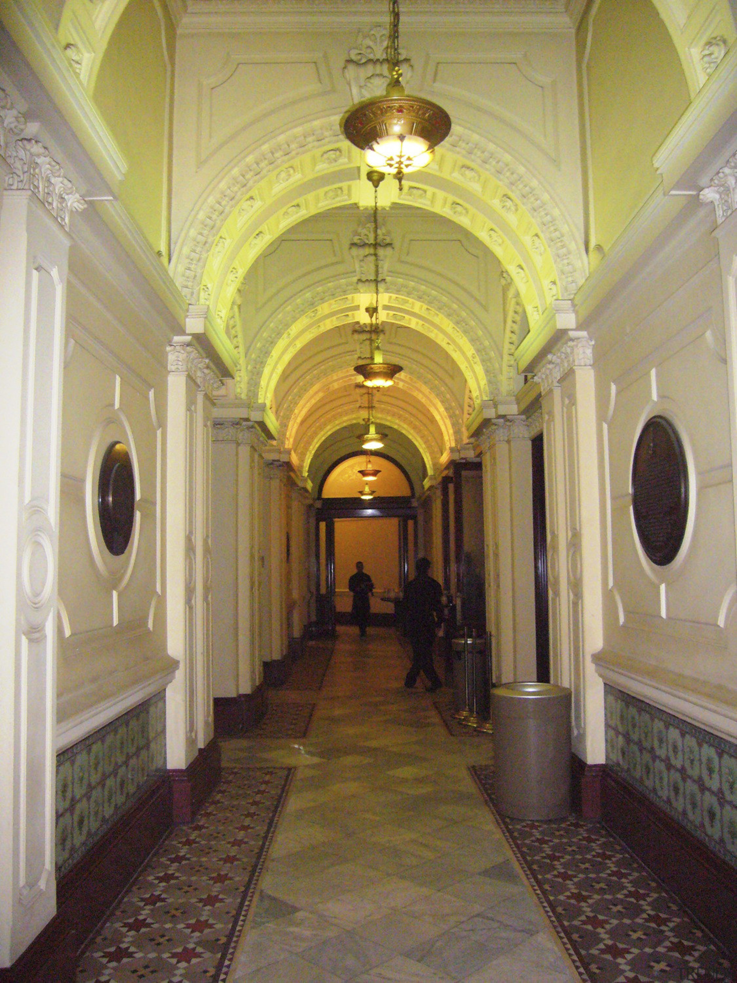 View of the renovated Sydney town hall featuring arcade, arch, building, ceiling, interior design, lobby, brown