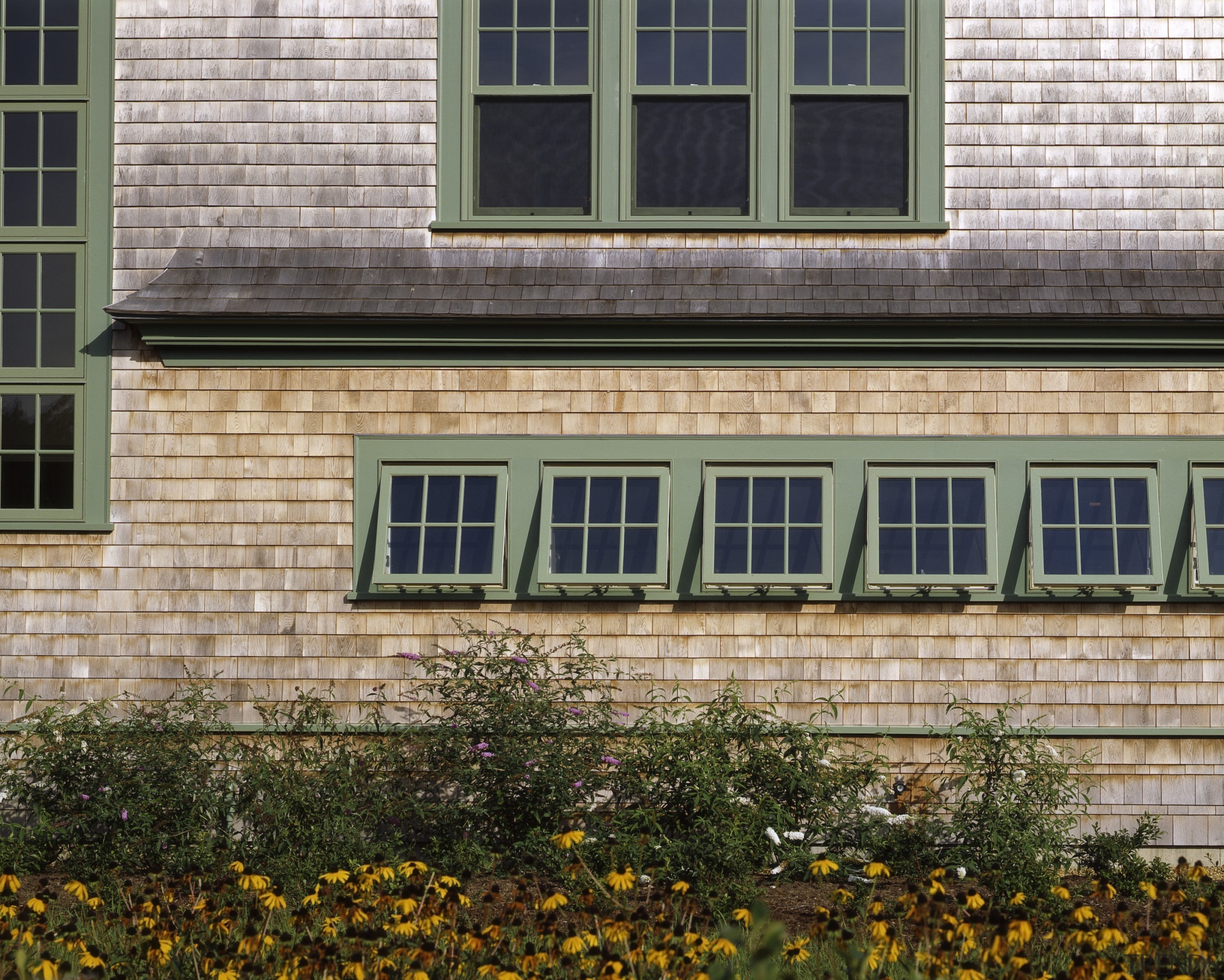 Exterior view of the house, shingle siding, shinlge architecture, brick, building, facade, home, house, residential area, siding, wall, window, gray