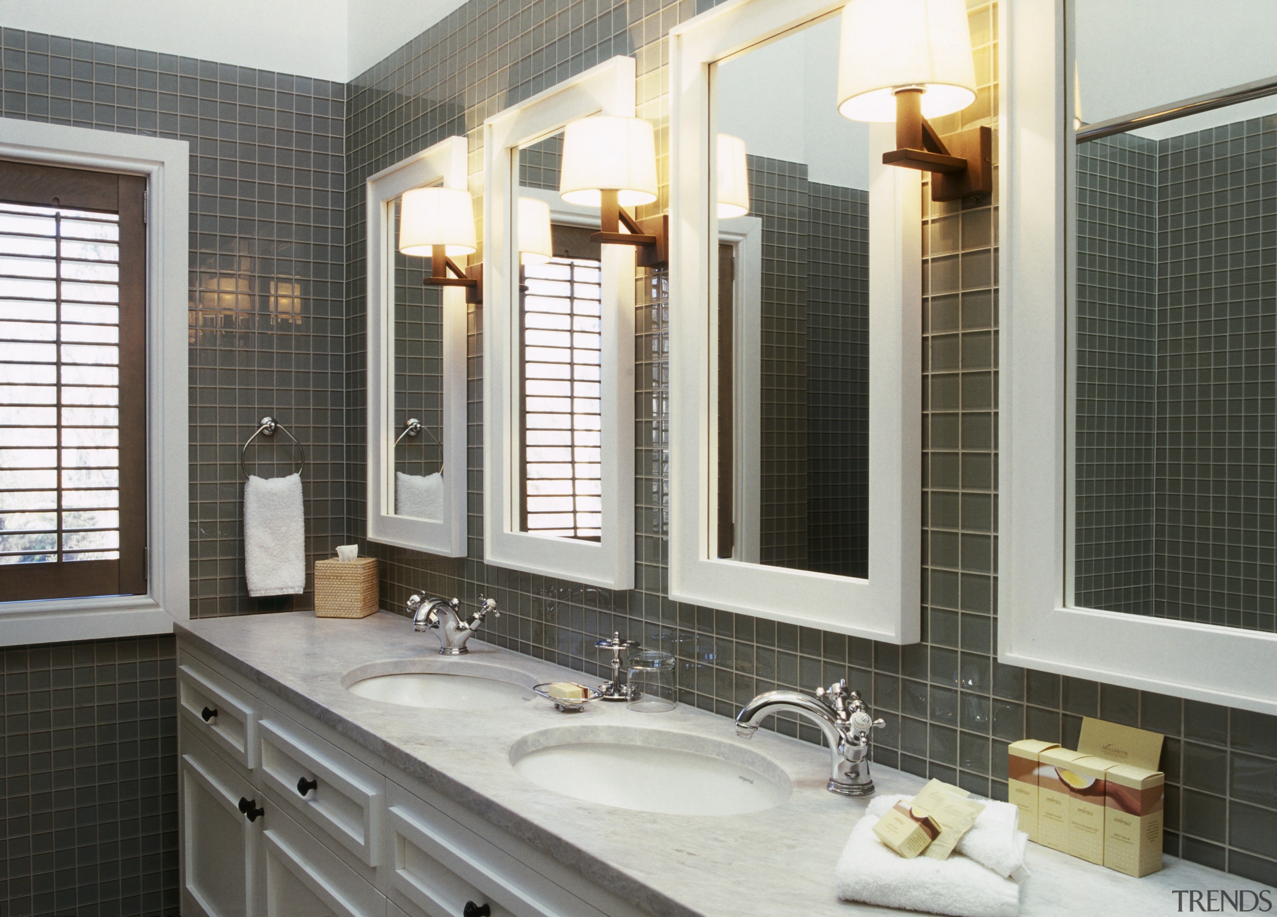 View of bathroom featuring vanity with twin basins, bathroom, bathroom accessory, home, interior design, room, sink, window, white, black