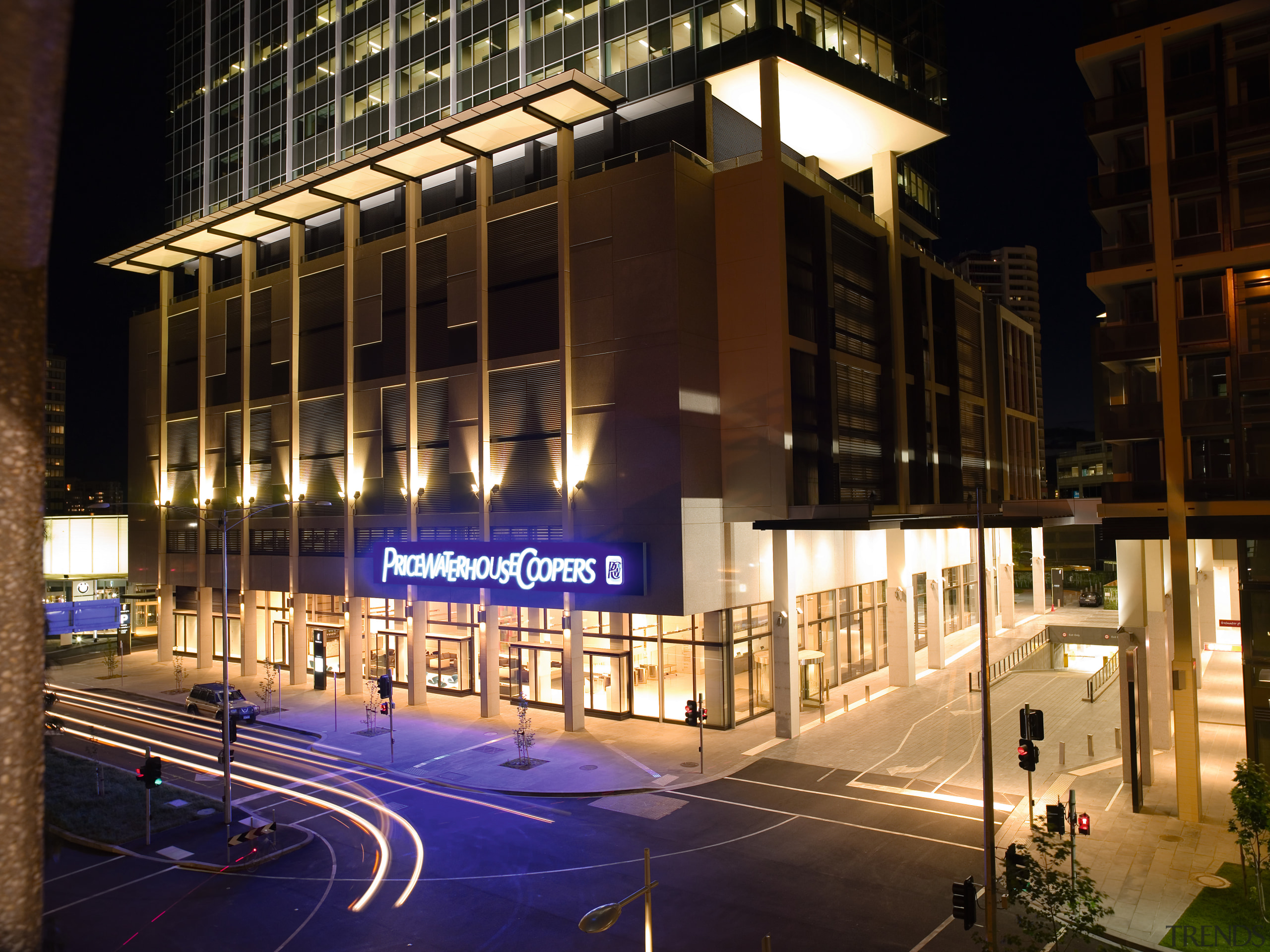 An exterior view of the Freshwater Place building. architecture, building, city, commercial building, condominium, convention center, corporate headquarters, downtown, facade, headquarters, landmark, metropolis, metropolitan area, mixed use, night, skyscraper, structure, urban area, black