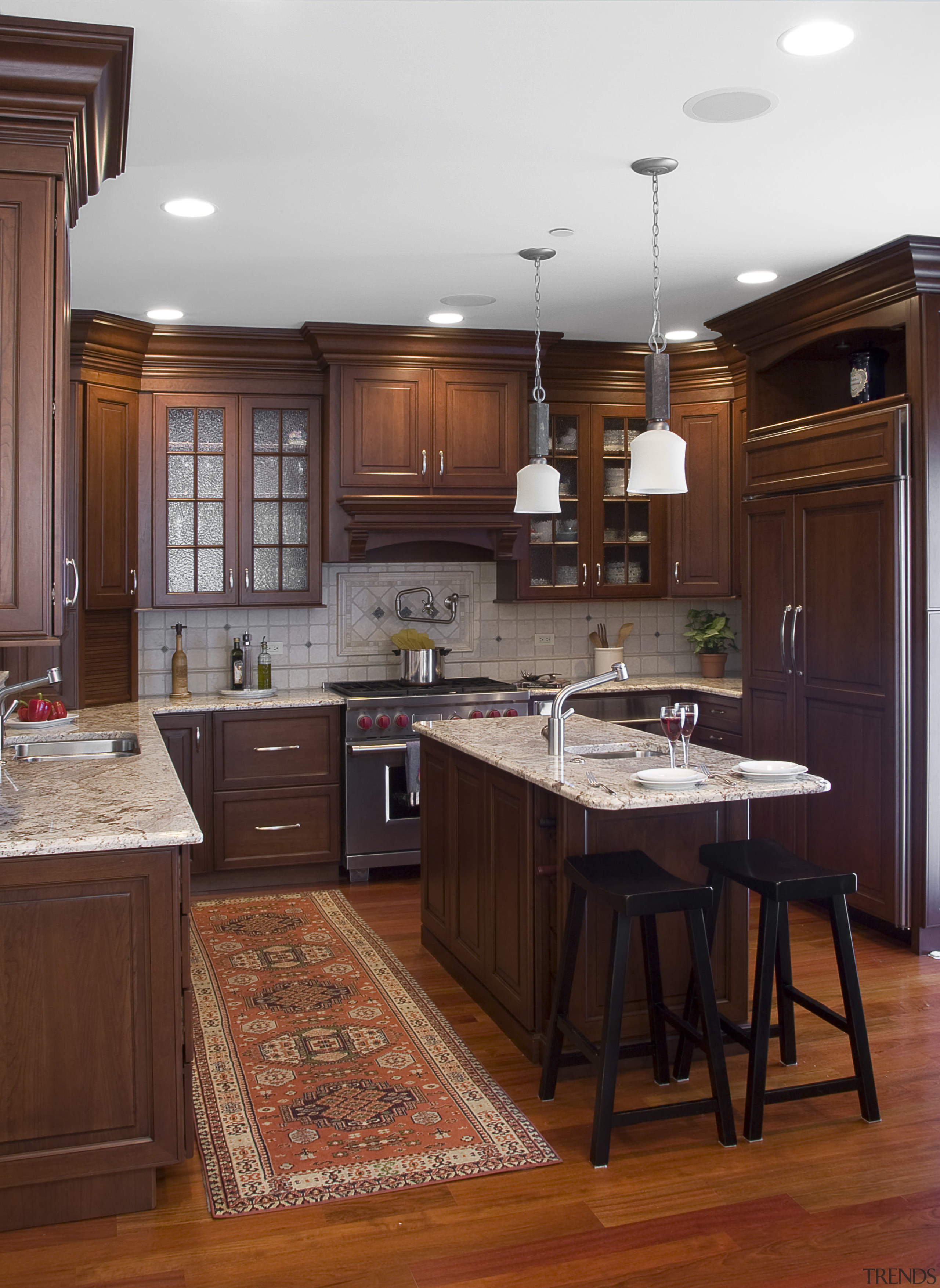 A view of these kitchen designed by Kinsley cabinetry, ceiling, countertop, cuisine classique, floor, flooring, hardwood, interior design, kitchen, room, wood, wood flooring, red, brown