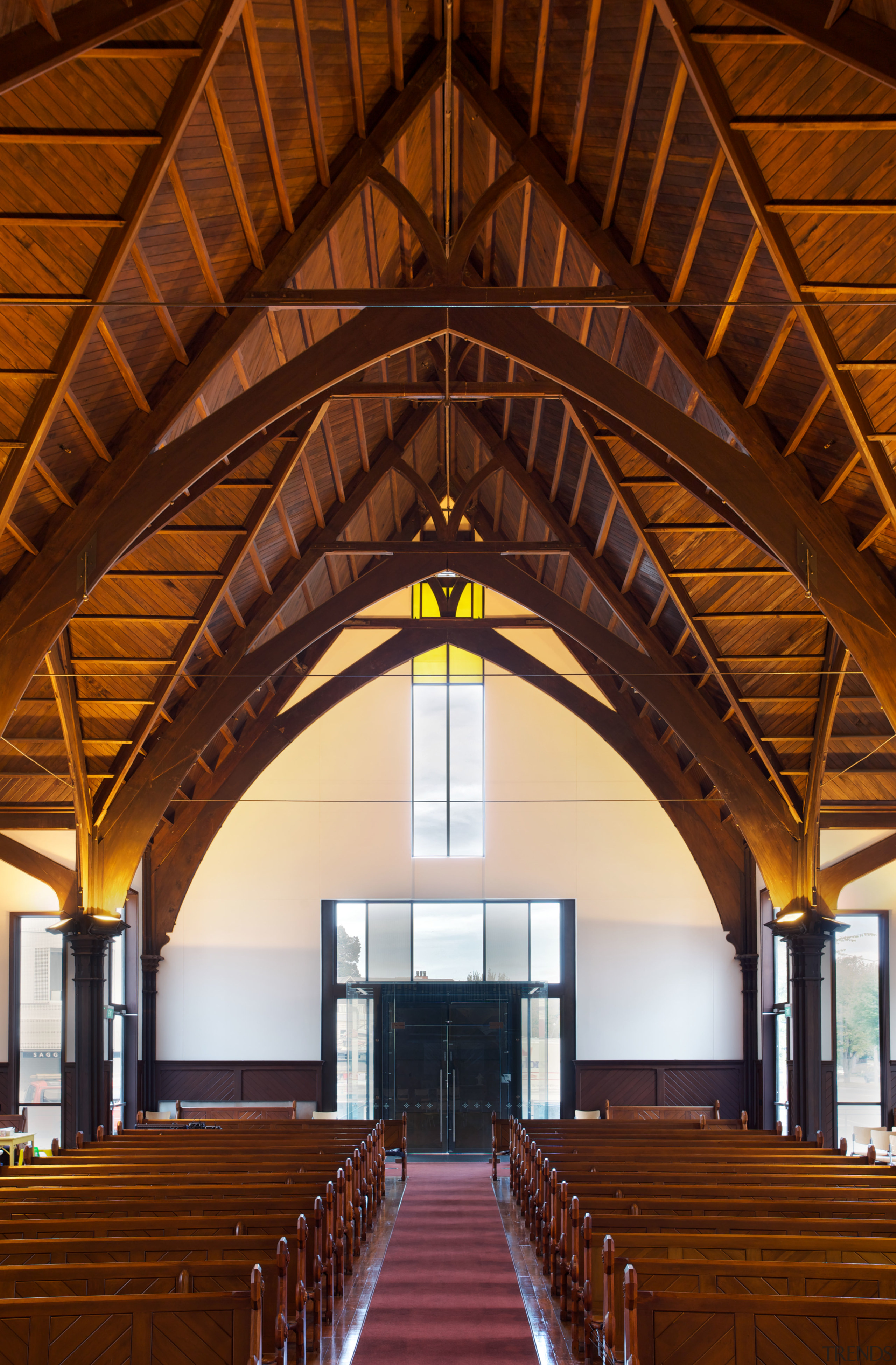 Heart rimu timber features on the vaulted ceiling arch, architecture, beam, building, ceiling, chapel, church, daylighting, place of worship, roof, structure, wood, brown