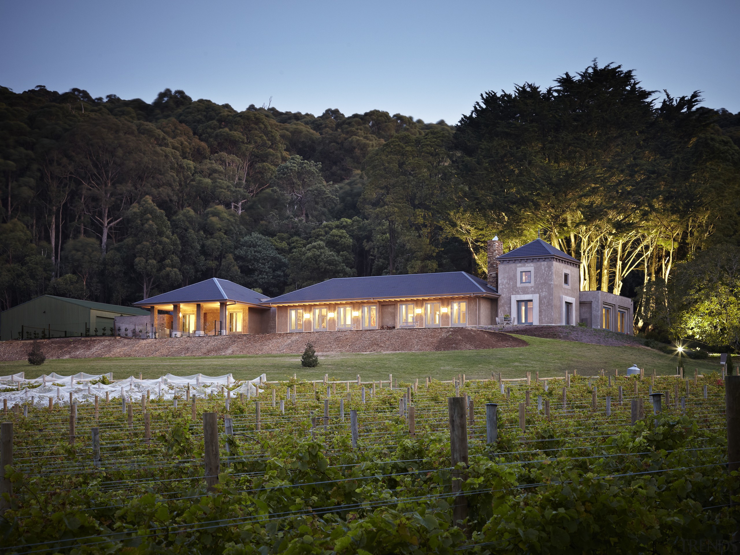 Exterior of home by Stonehaven Homes. - Exterior barn, cottage, estate, evening, farm, farmhouse, field, hill, home, house, landscape, morning, mountain, nature, plant, real estate, rural area, sky, sunlight, tree, brown, black