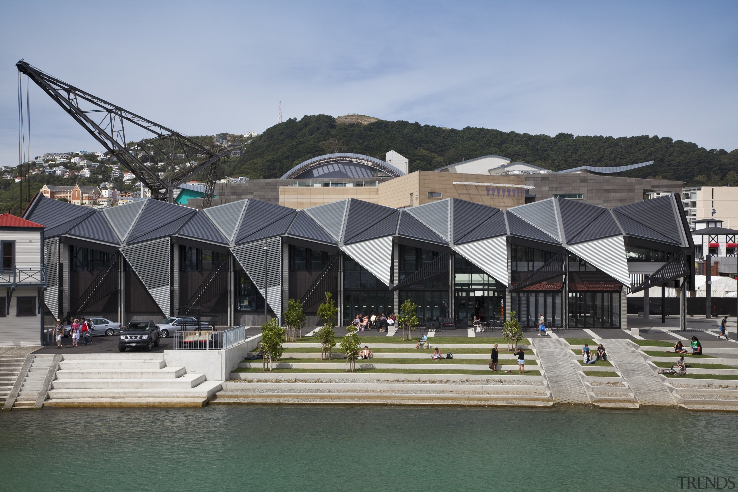 View of the Wharewaka building and event centre architecture, real estate, recreation, structure, water, waterway, teal, gray