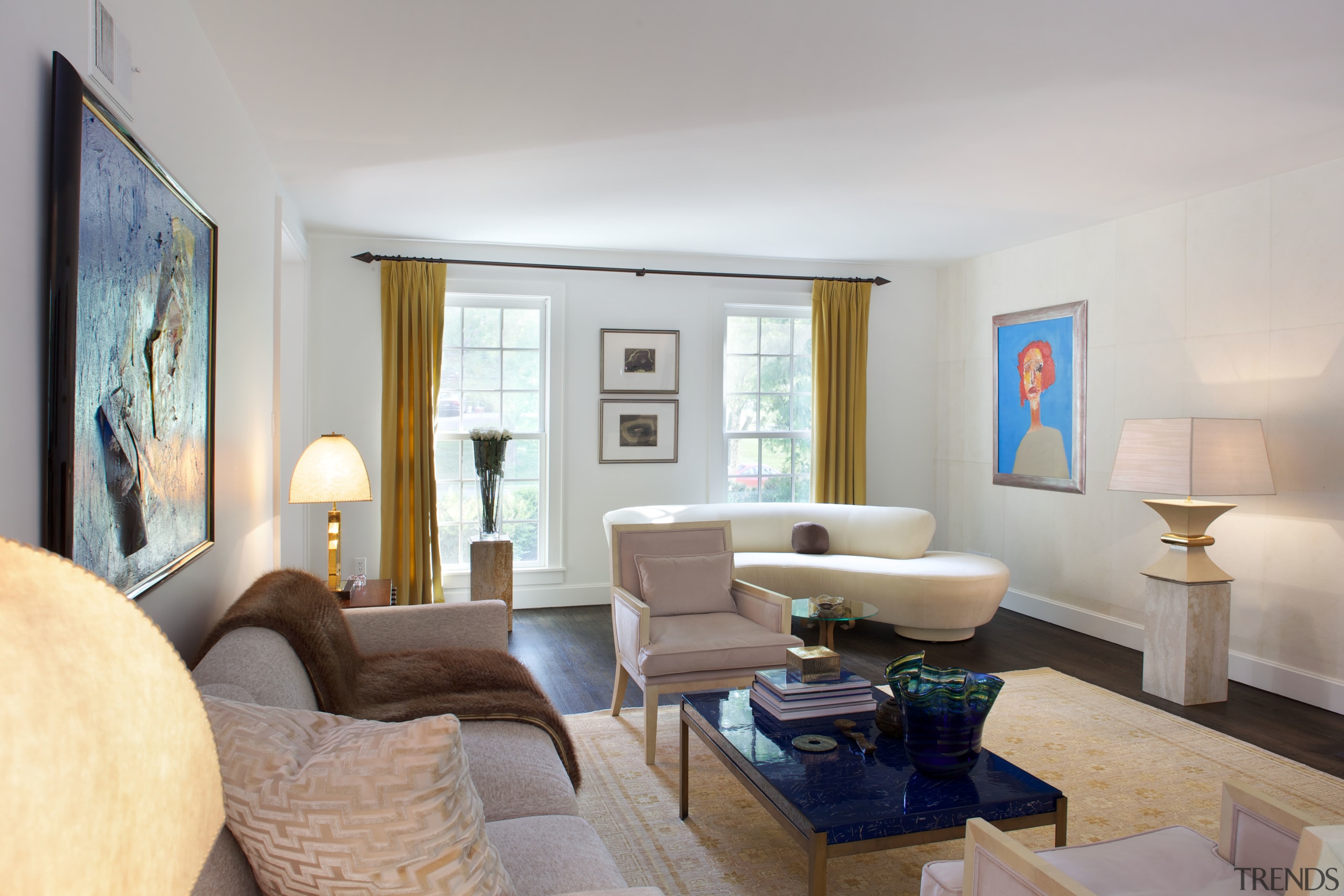 Existing artworks were given new homes in the ceiling, estate, home, interior design, living room, property, real estate, room, suite, window, gray